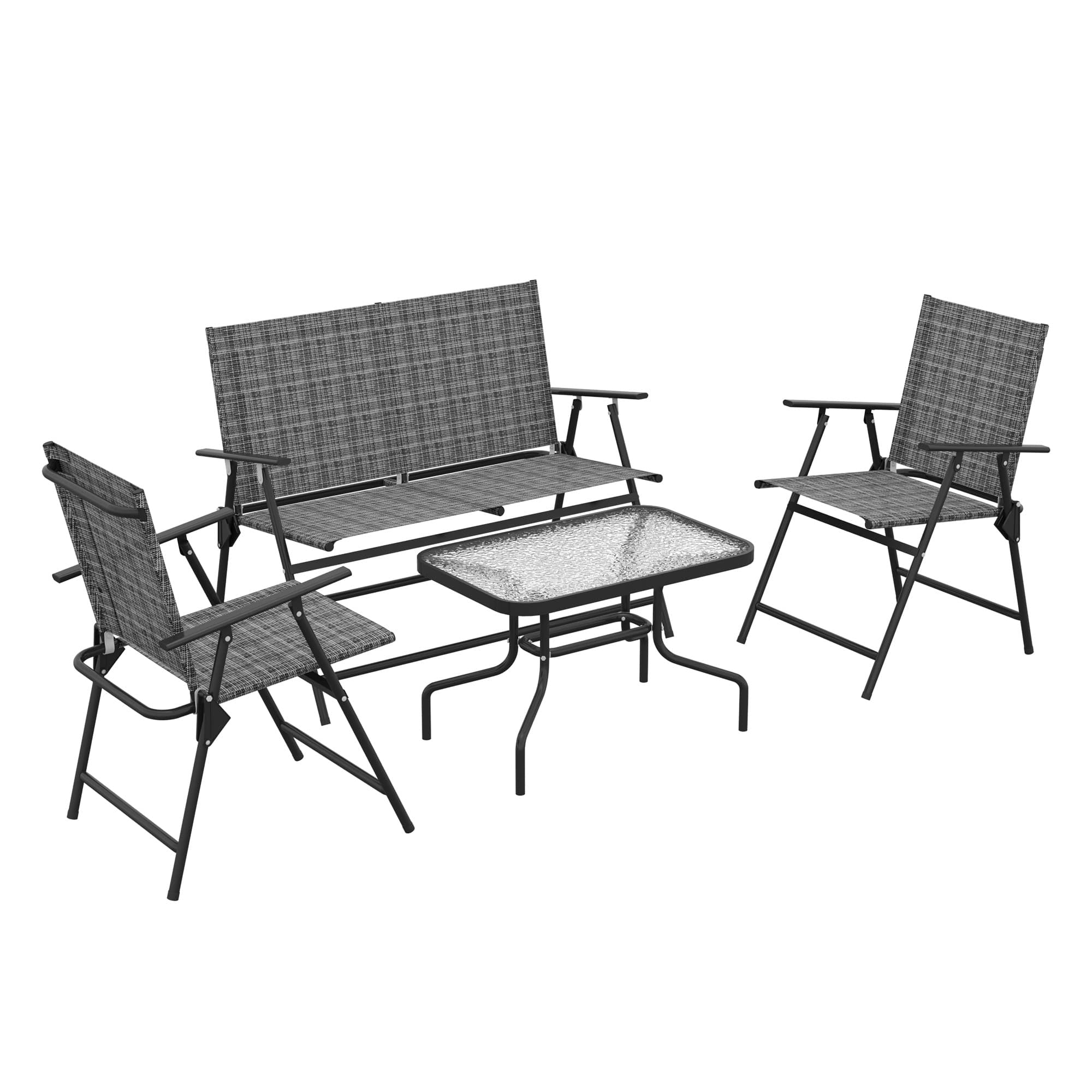 Outsunny 4 Pcs Patio Furniture Set w/ Breathable Mesh Fabric Seat, Backrest, Garden Set w/ Armchairs, Loveseat, Glass Top, Mixed Grey | Aosom UK