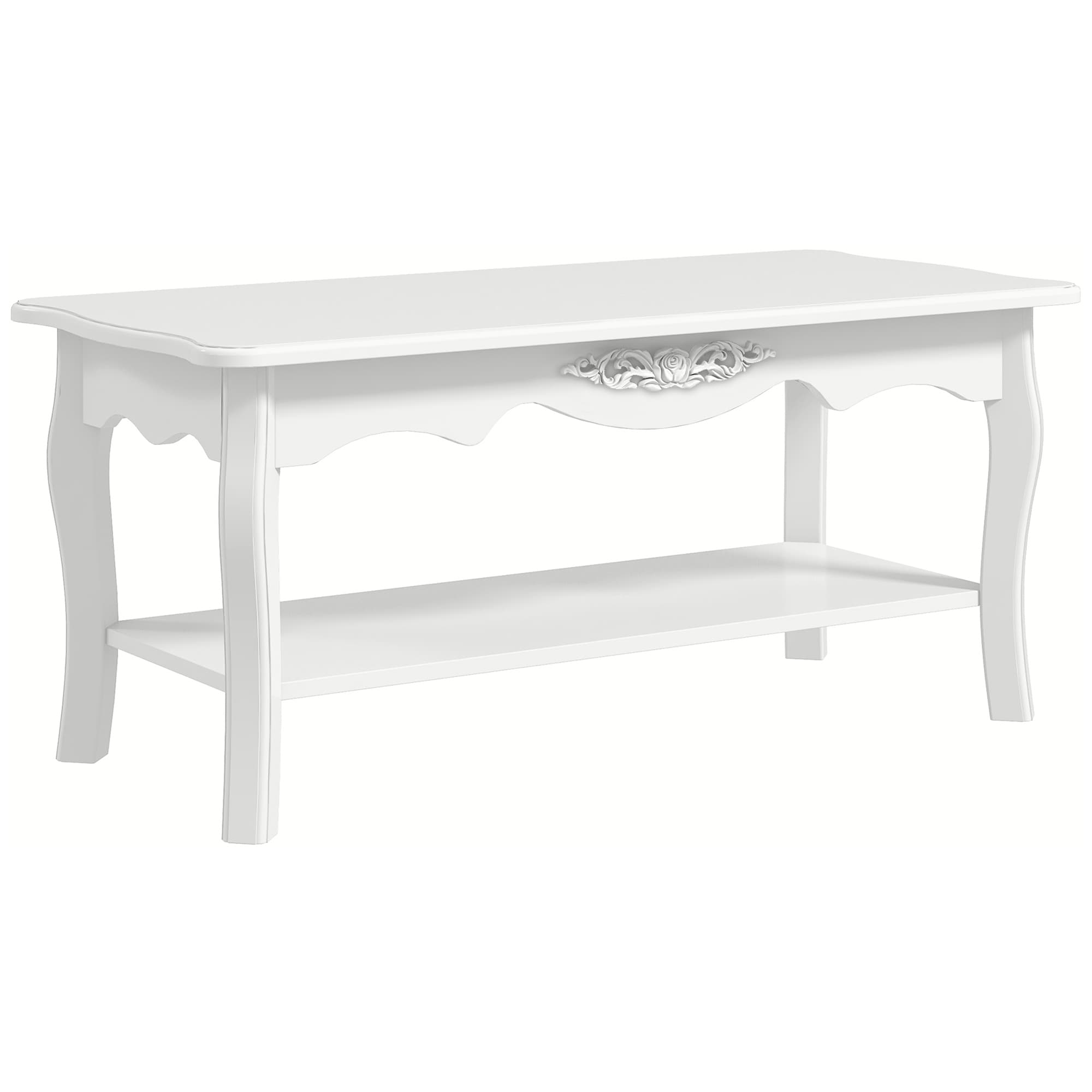 HOMCOM Coffee Table with Storage Shelf, Modern Living Room End Table, 2 Layer Wooden Design, 94L x 44W x 42H cm, White | Aosom UK