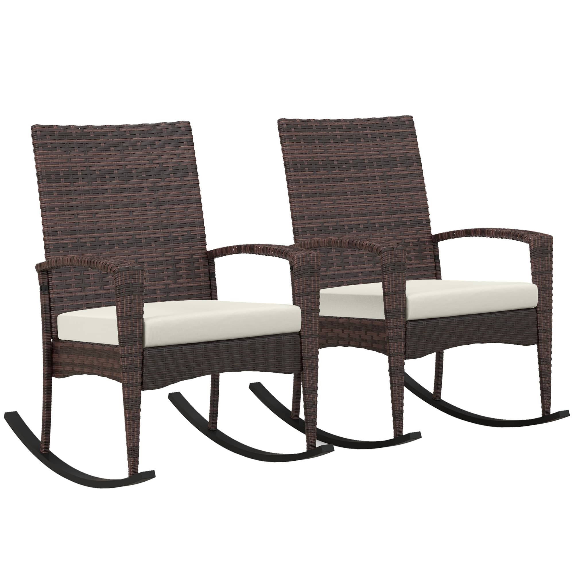 Outsunny Outdoor PE Rattan Rocking Chair Set of 2, Garden Rocking Chair Set with Armrest and Cushion, Brown | Aosom UK