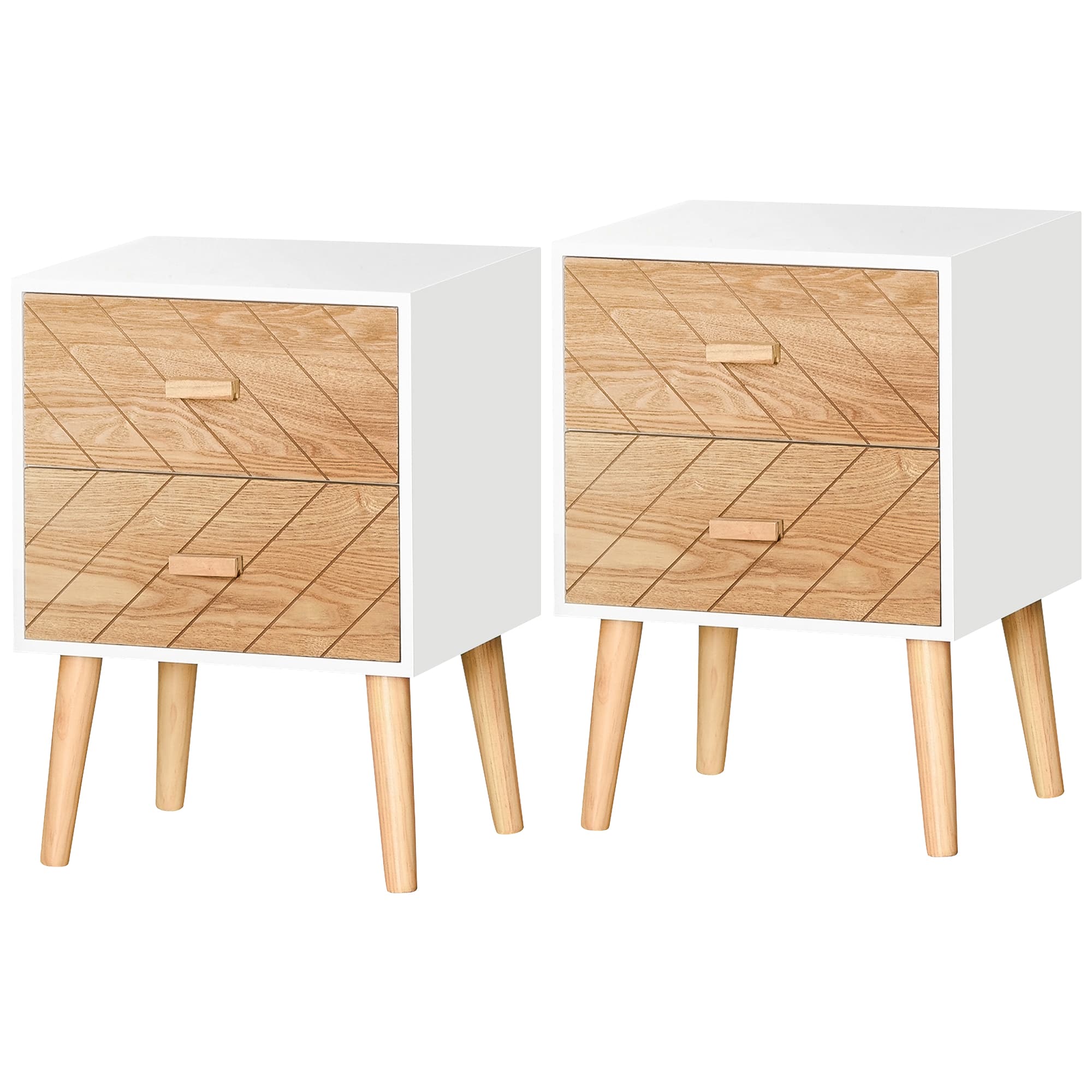 HOMCOM Wooden Bedside Table Set: 2 Nightstands with Drawers & Pine Legs, Natural Wood Storage | Aosom UK