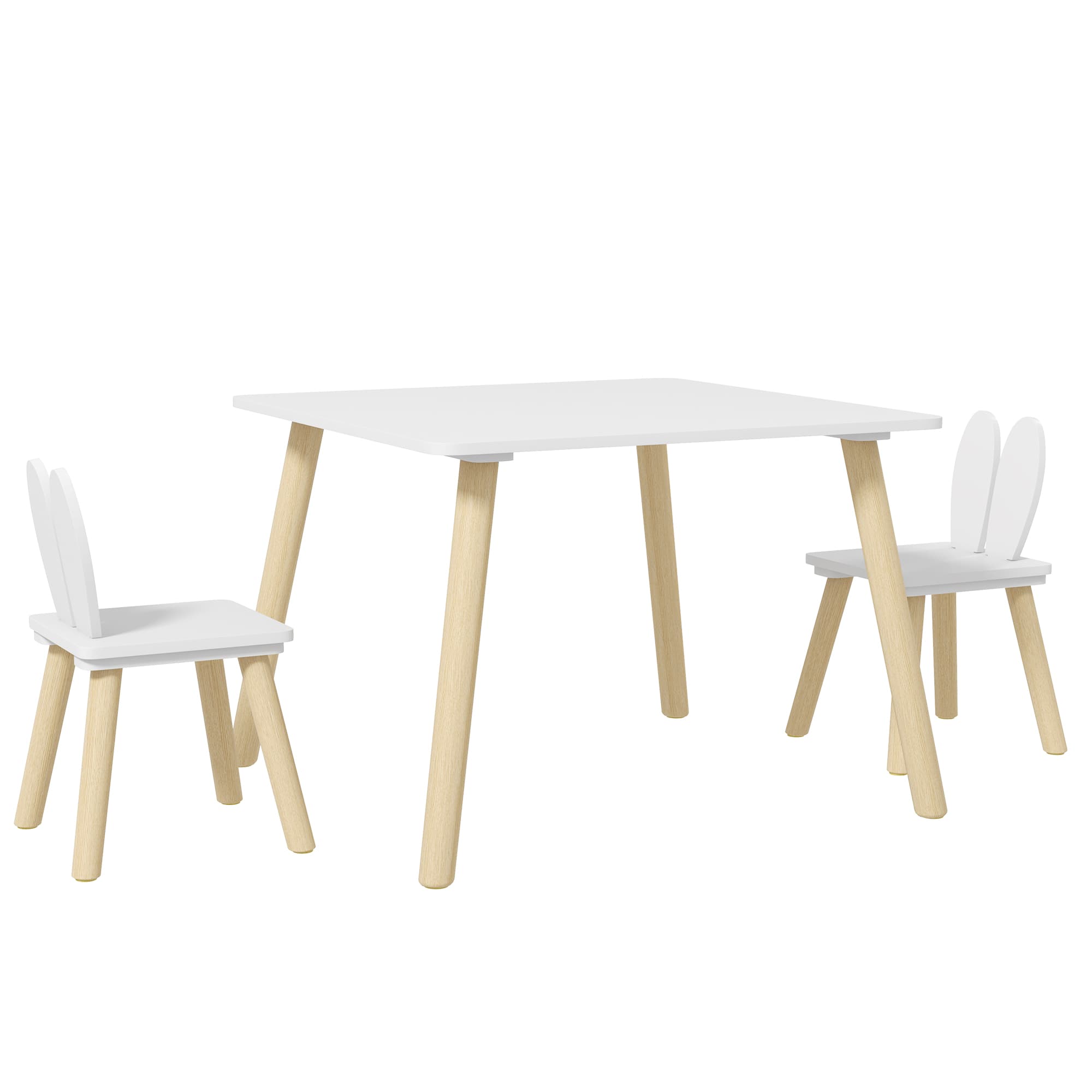 AIYAPLAY 3 Pcs Toddler Table and Chair Set, Kids Desk and 2 Chairs Set w/ Bunny Ear Backrest, for Nursery, Playroom | Aosom UK