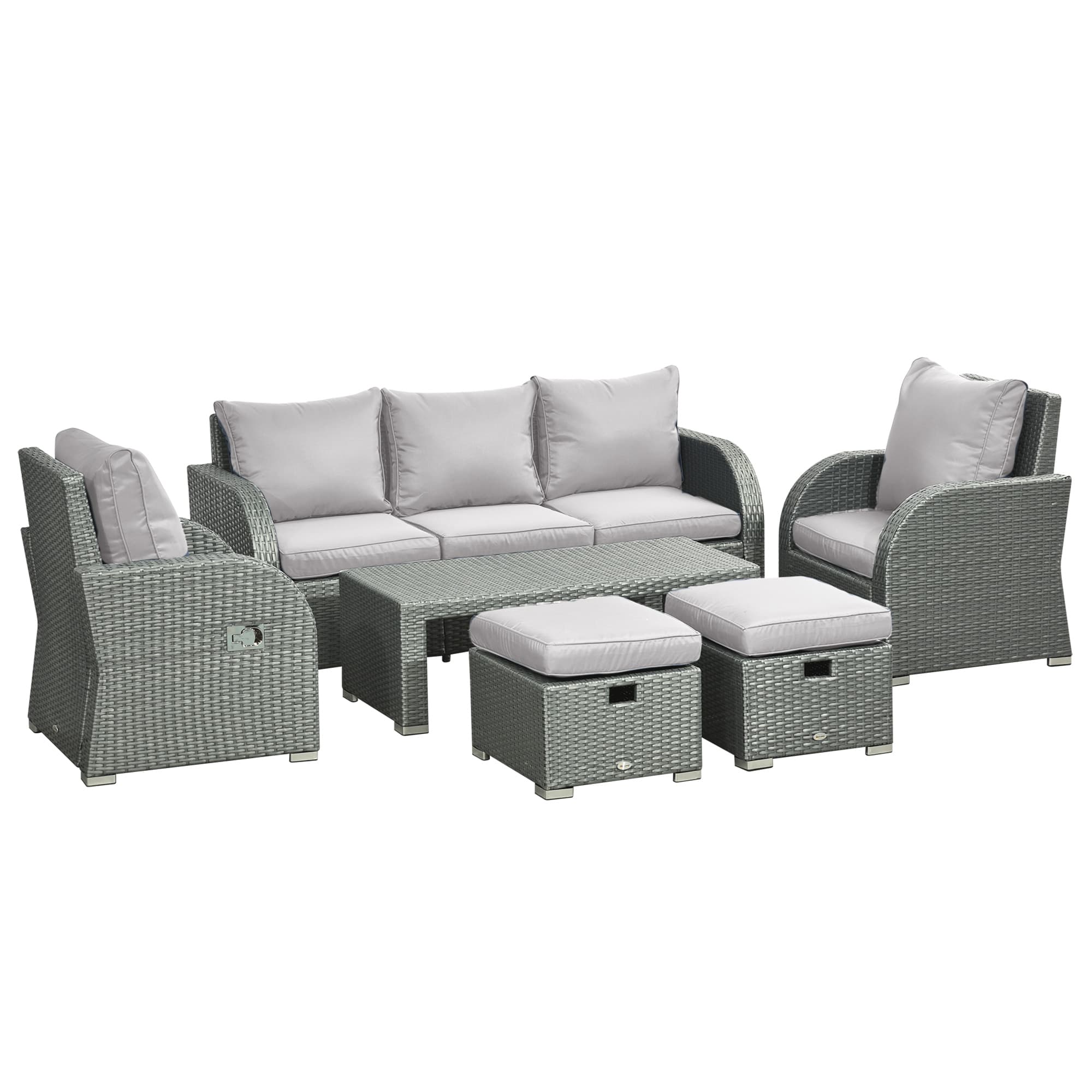 Outsunny 7-Seater Patio Furniture Set, Rattan Garden Set with Coffee Table, Footstool and Reclining Chairs, Light Grey | Aosom UK