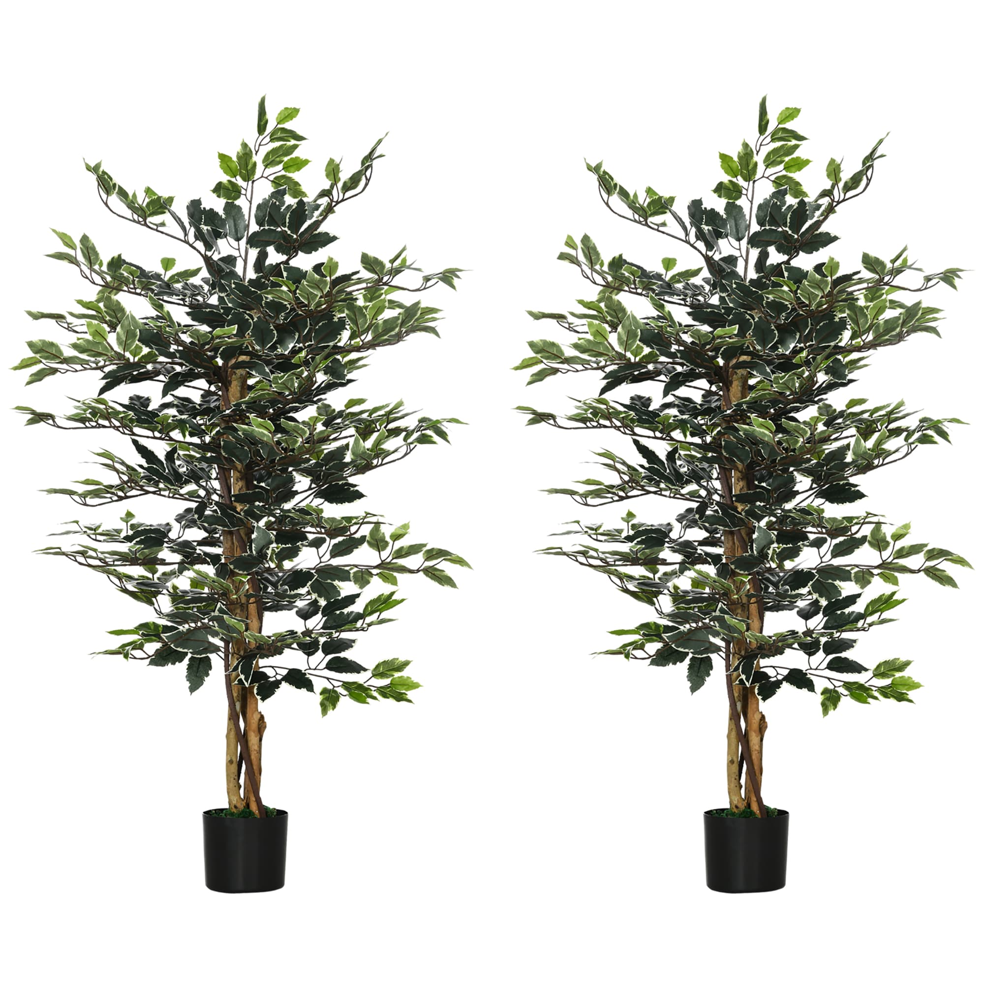 HOMCOM Set of 2 Artificial Ficus Trees, 130cm Tall with Realistic Leaves & Natural Trunks, Indoor/Outdoor Decor, Green | Aosom UK