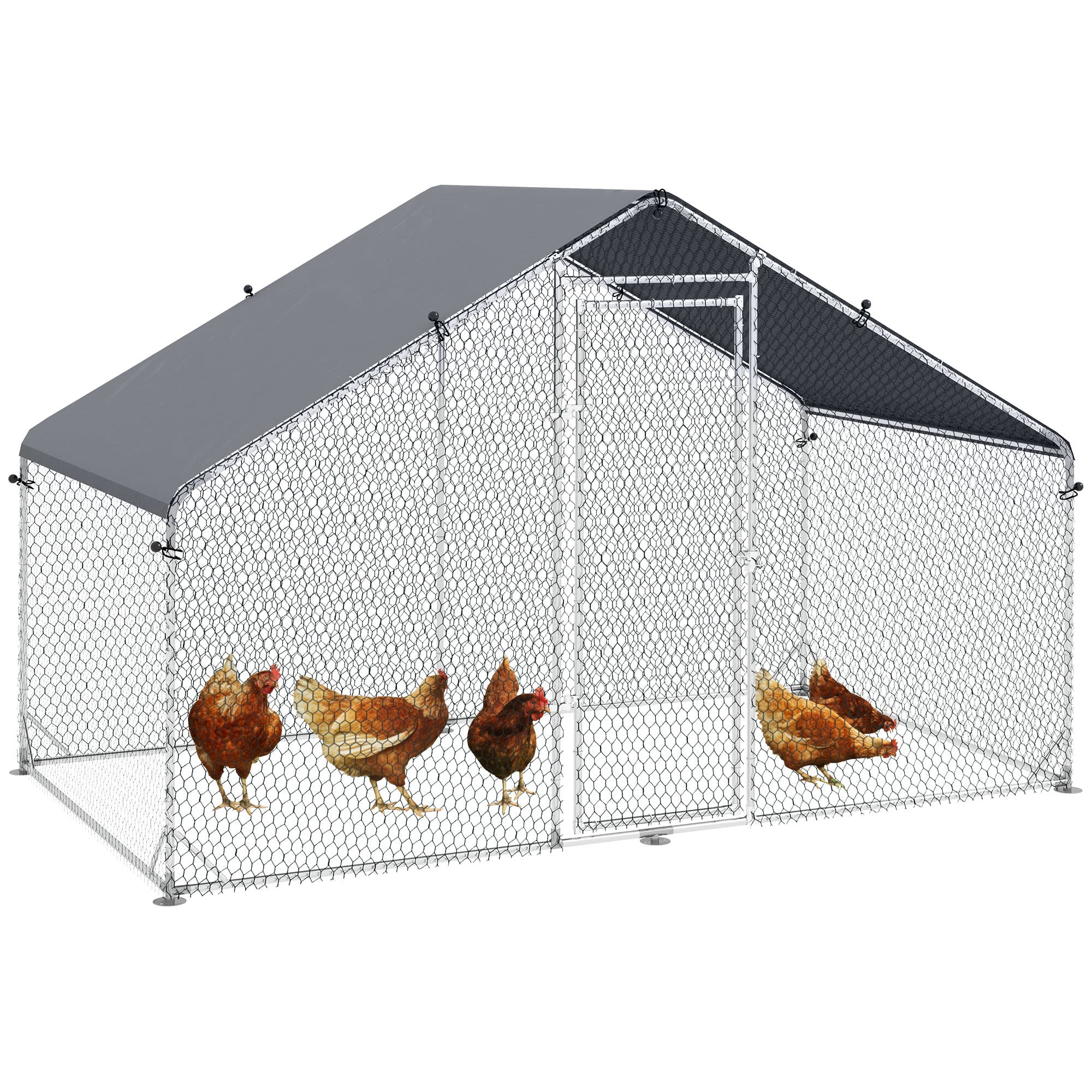PawHut Large Chicken Coop, Covered Run for Chickens, Galvanised Hen House with Water-Resist Cover, 3 x 1.7 x 1.9m | Aosom UK