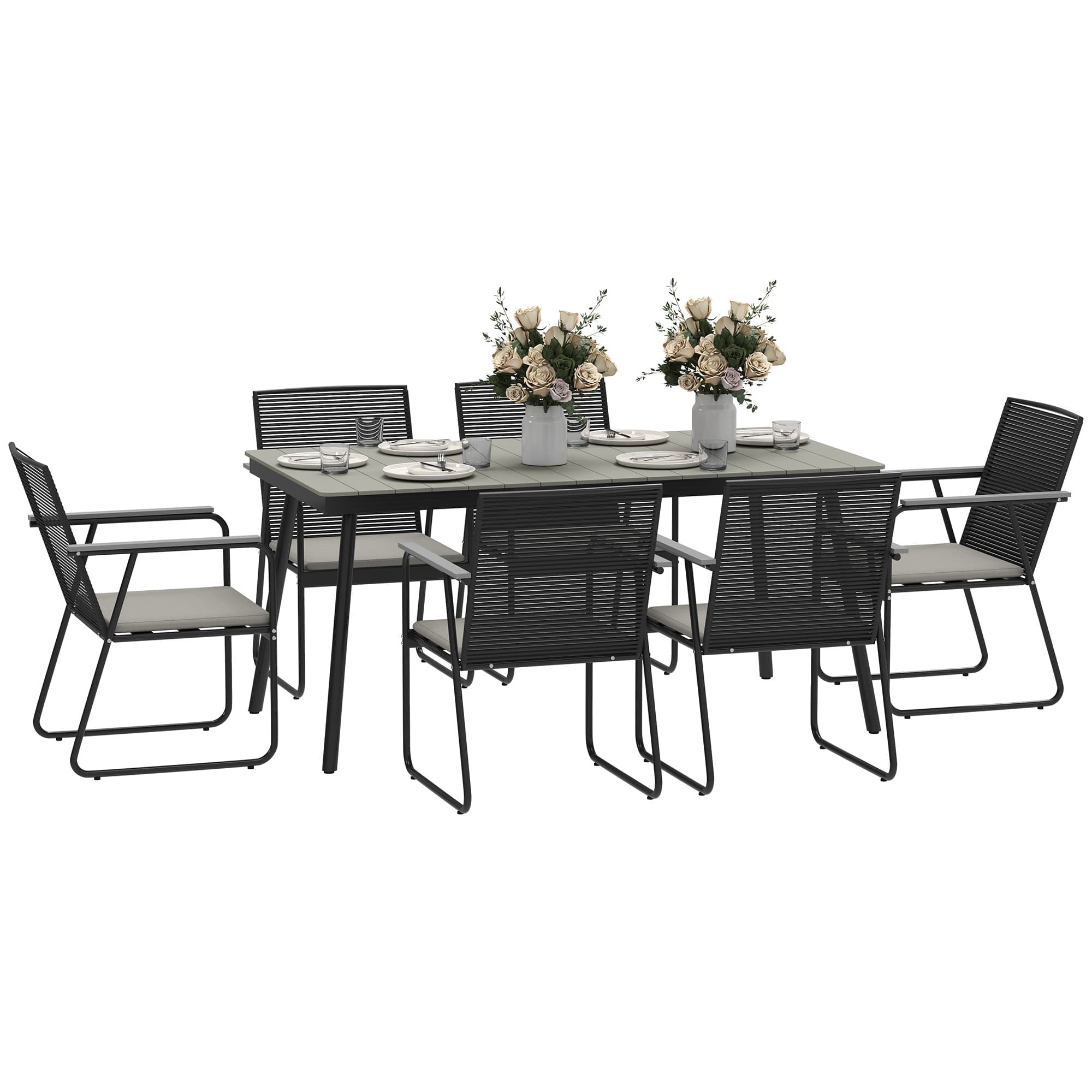 Outsunny 6 Seater Garden Dining Set with Soft Cushions, Rattan Backrest, Rectangular Plastic Top, Garden Furniture Set, Outdoor Dining Table and Chairs for Patio, Balcony, Poolside, Grey