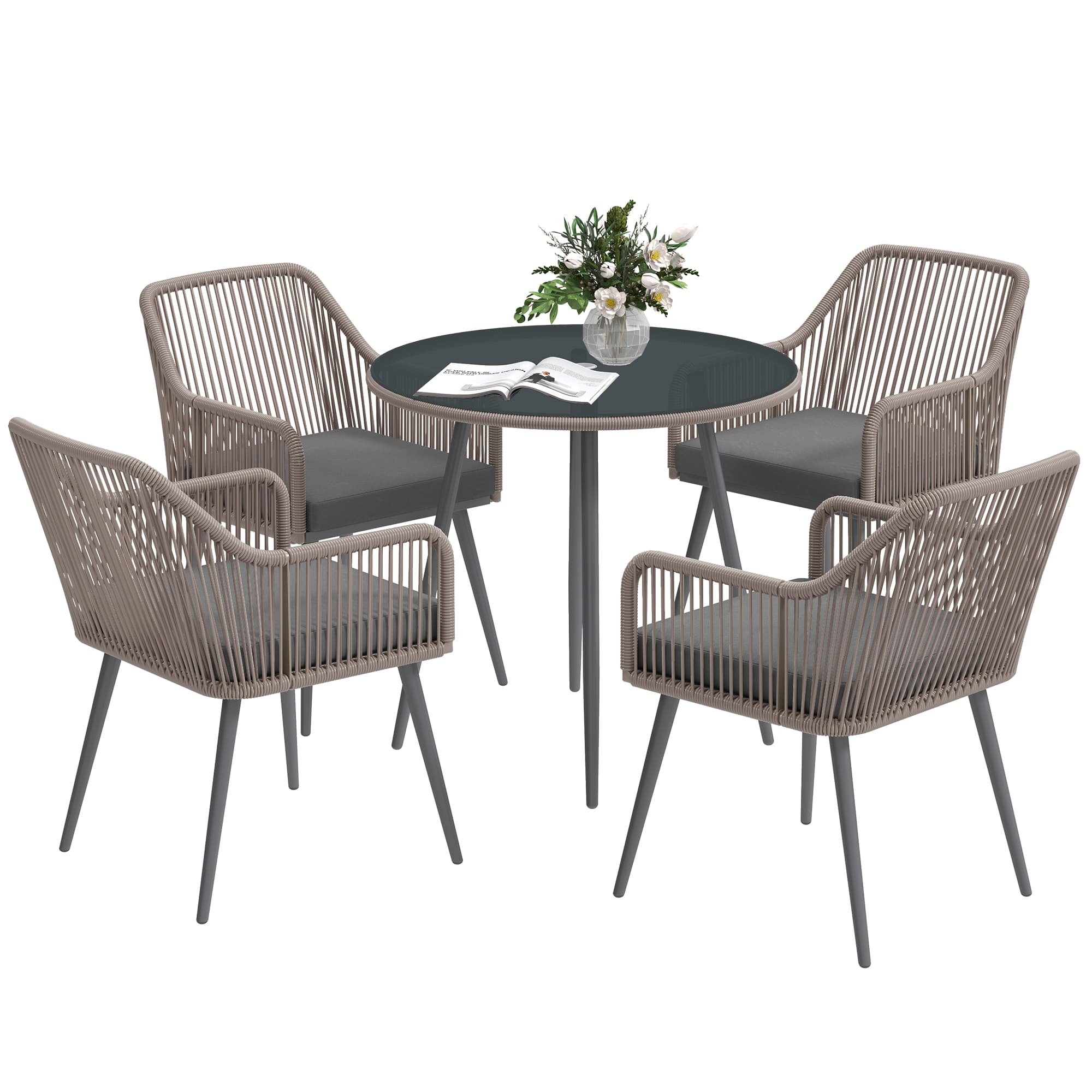 Outsunny 4 Seater Rattan Dining Set, Rattan Garden Furniture Set with Parasol Hole, Cushions, Glass Top Table for Patio, Balcony, Light Brown
