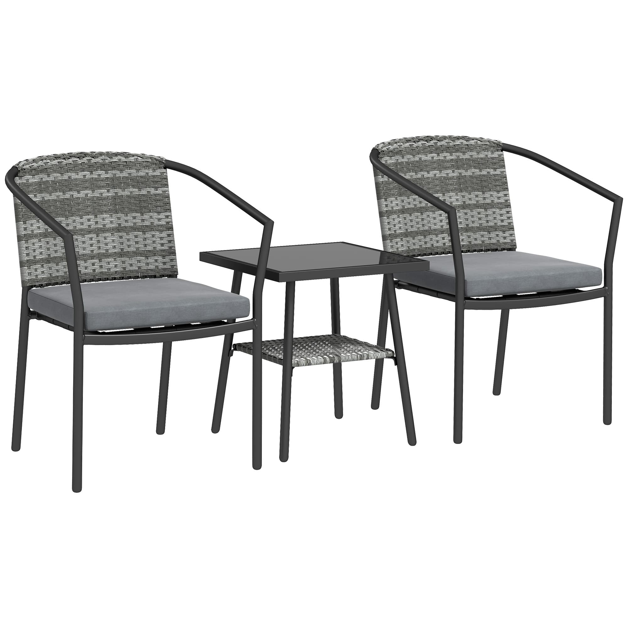 Outsunny 3 Pieces Rattan Bistro Set with 4 Cushions, Wicker Garden Furniture Set, Glass Top Coffee Table and Chairs for Outdoor Patio, Balcony, Terrace and Conservatory, Grey — detail 1