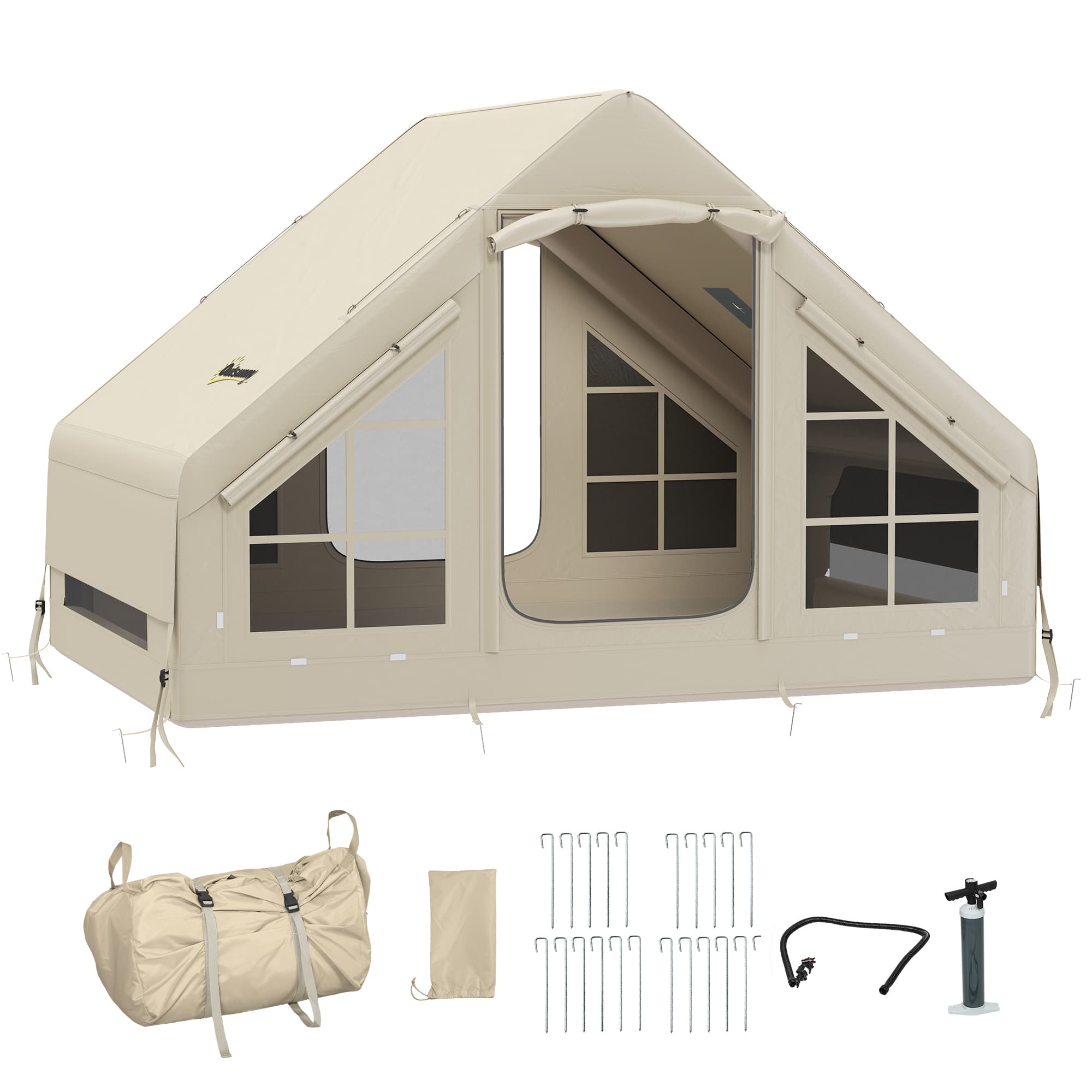 Outsunny Inflatable Camping Tent with Pump, Easy Setup 2-4 Person Blow Up Tent, Waterproof Luxury Inflatable Tent with Mesh Windows, Doors, Hook and Carry Bag, Beige
