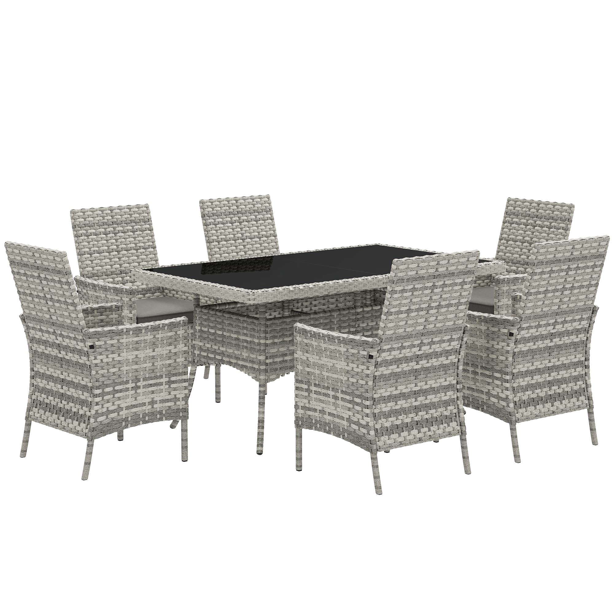 Outsunny Rattan Garden Furniture Set, 6 Seater Outdoor Dining Table and Chairs with Cushions, 150 x 90cm Rectangular Tempered Glass Table, 6 Armchairs, for Terrace, Conservatory, Balcony, Mixed-Grey