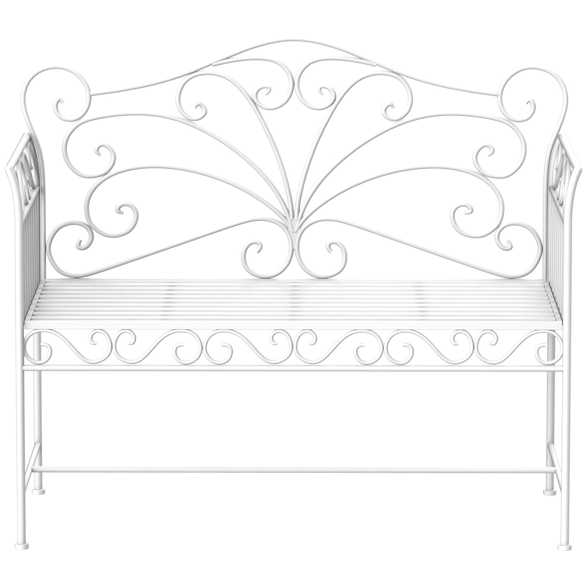 Outsunny Garden 2 Seater Metal Bench Park Seating Outdoor Furniture Chair w/ Decorative Backrest White