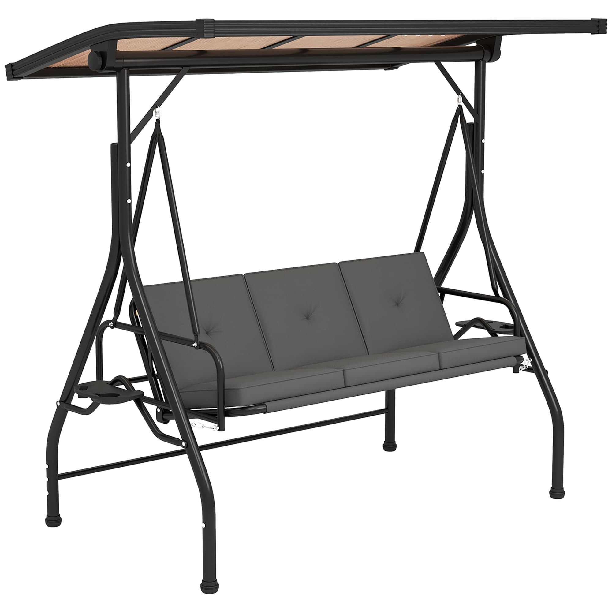 Outsunny 3 Seater Garden Swing Seat Bed with UPF30+ Adjustable Canopy, Convertible Swing Chair with Cushion, Outdoor Hammock Bench with Cup Trays for Balcony Patio, Dark Grey
