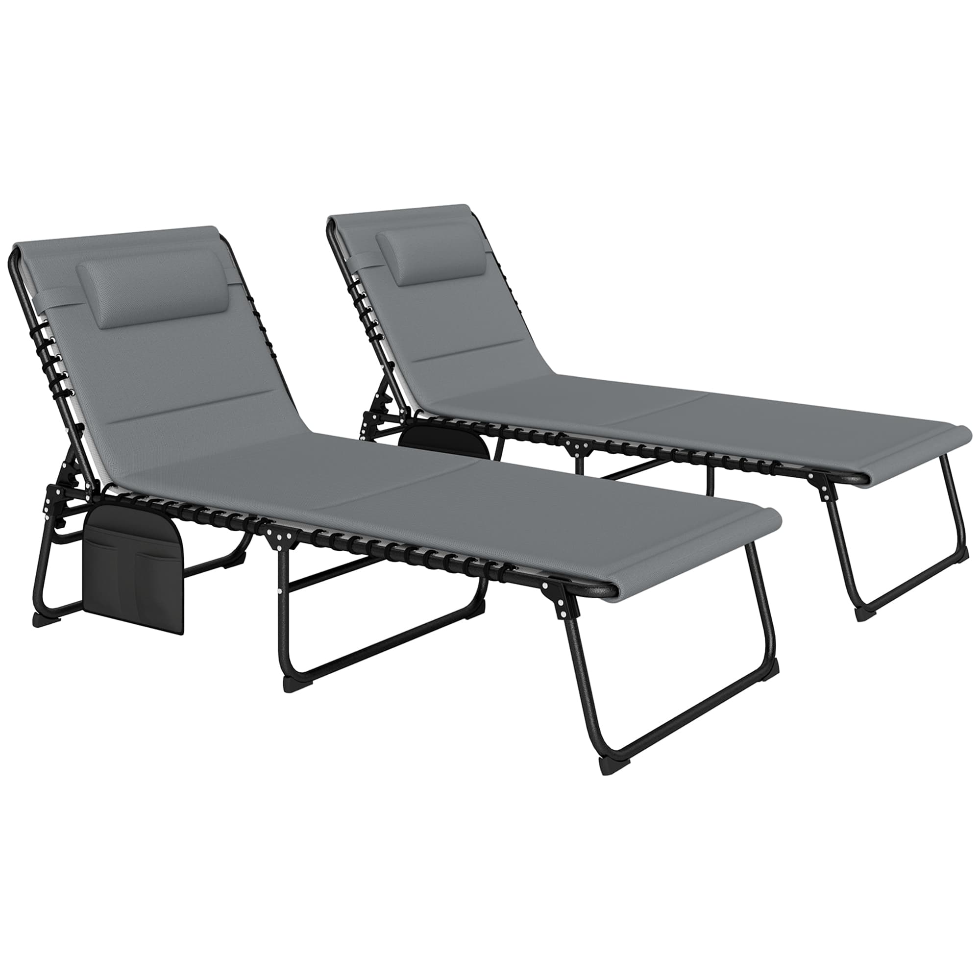 Outsunny Folding Sun Loungers Set of 2, Recliner Garden Chairs with Quick Drying Pad Headrest Side Pocket for Beach Pool, Charcoal Grey