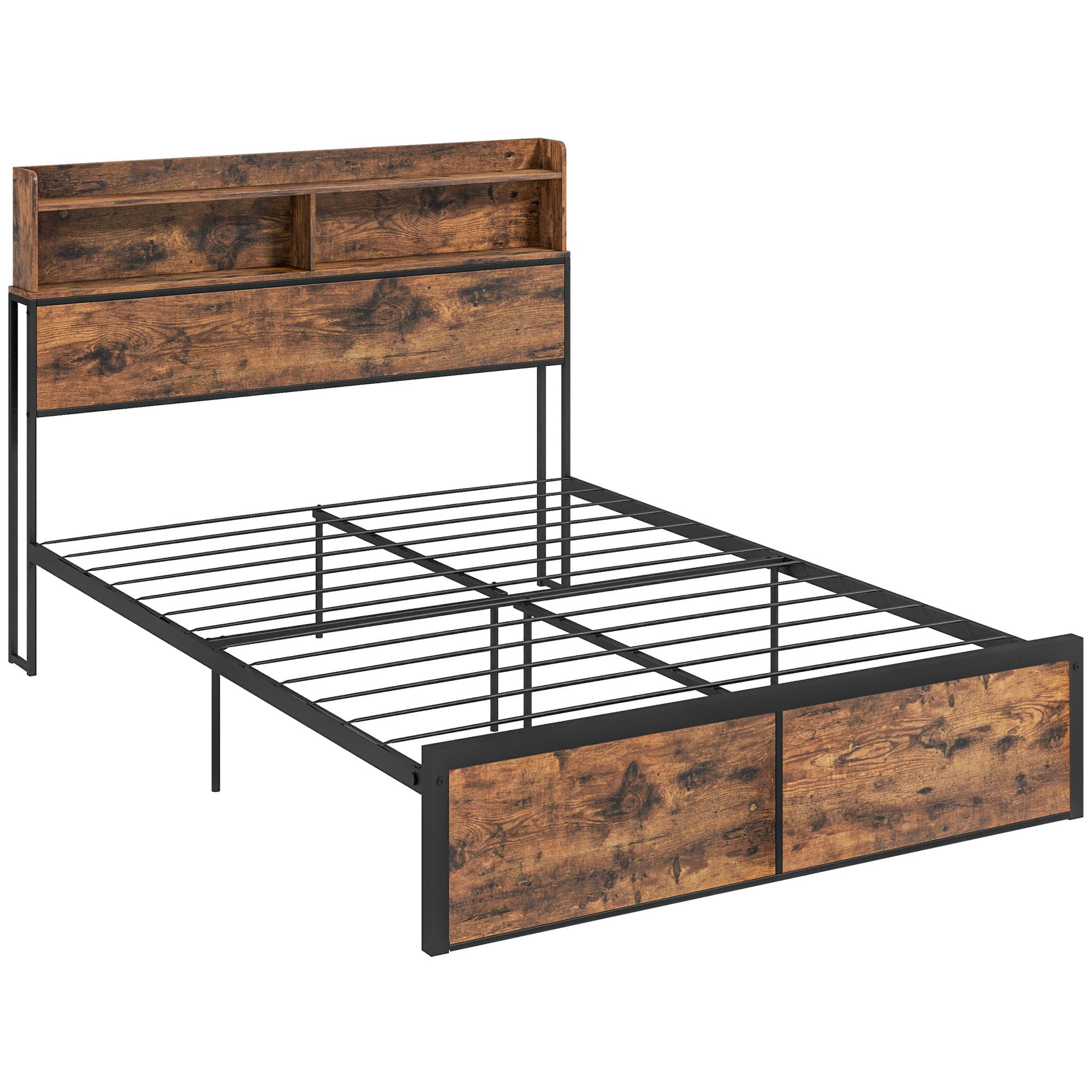 HOMCOM Industrial Double Bed Frame with Storage Headboard and Under Bed Space, Steel Bed Base, Rustic Brown | Aosom UK