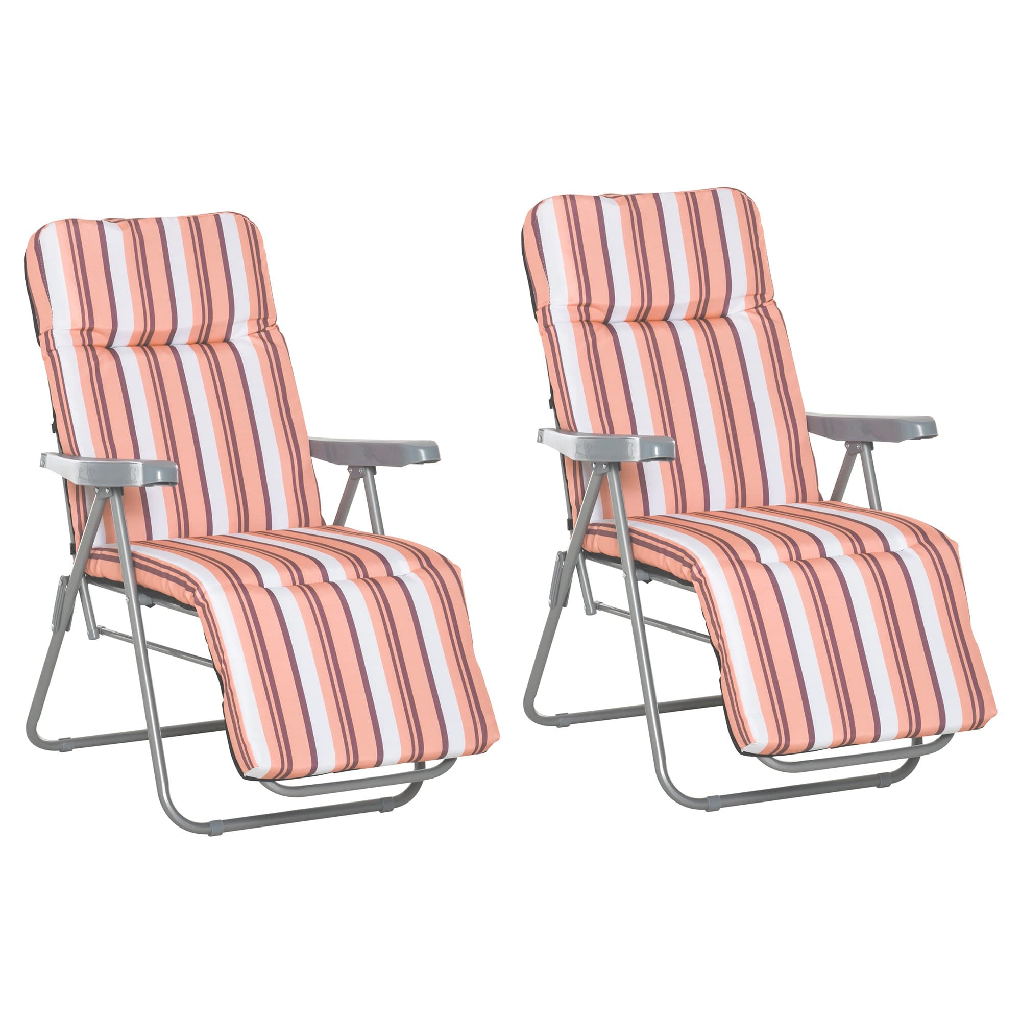 Outsunny Set of 2 Garden Sun Lounger Outdoor Reclining Seat Cushioned Seat Foldable Adjustable Recliner Orange and White