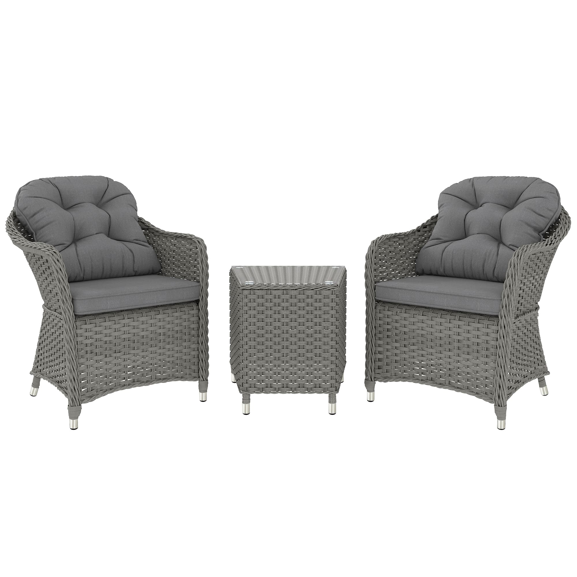 Outsunny 3 Pieces Rattan Bistro Set, Wicker Garden Bistro Set, Glass Top Balcony Table and Chairs with Cushions for Outdoor, Patio, Balcony, Light Grey