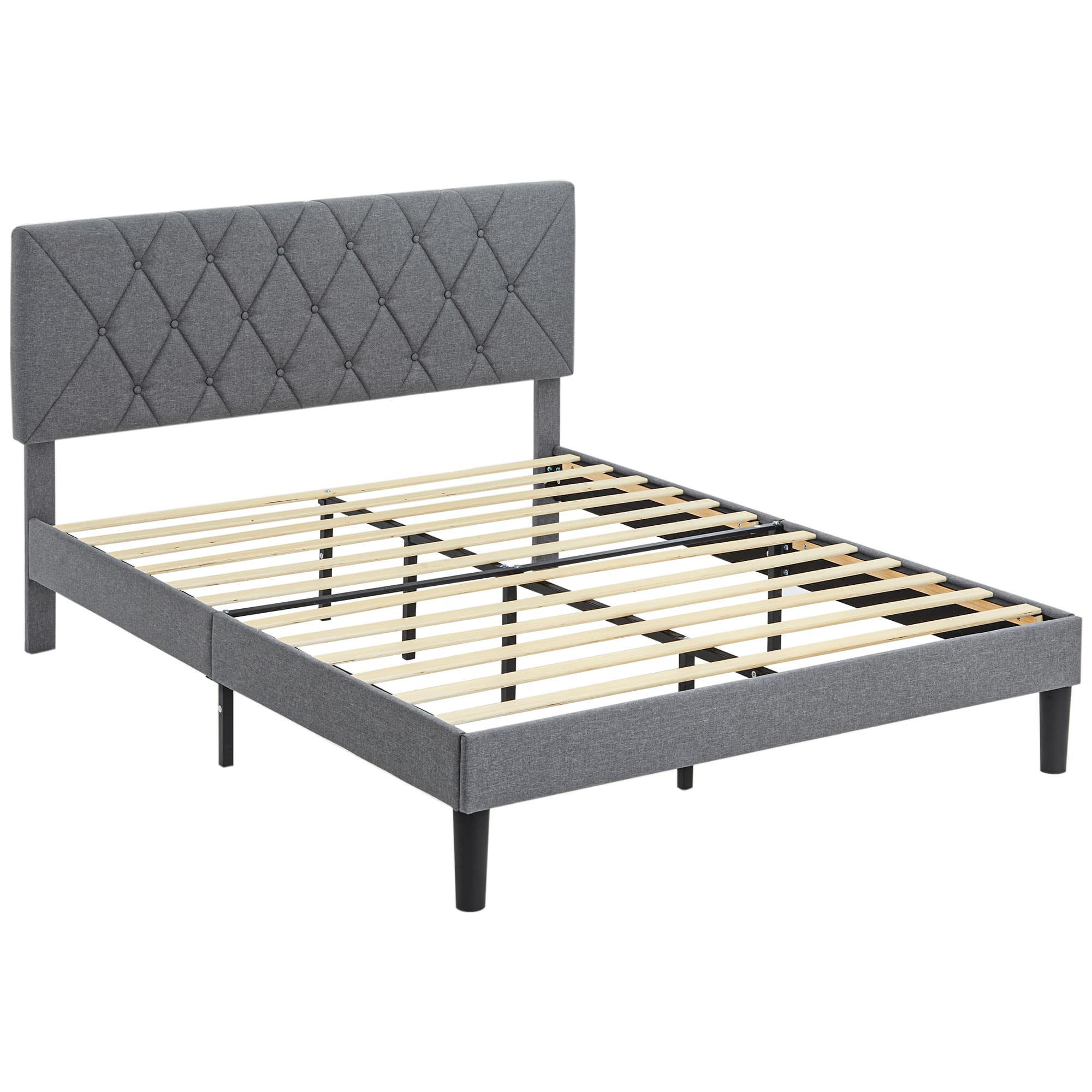 HOMCOM Double Bed Frame with 5-Level Adjustable Linen Upholstered Headboard, Wooden Slats Mattress Foundation, No Box Spring Needed, Grey | Aosom UK