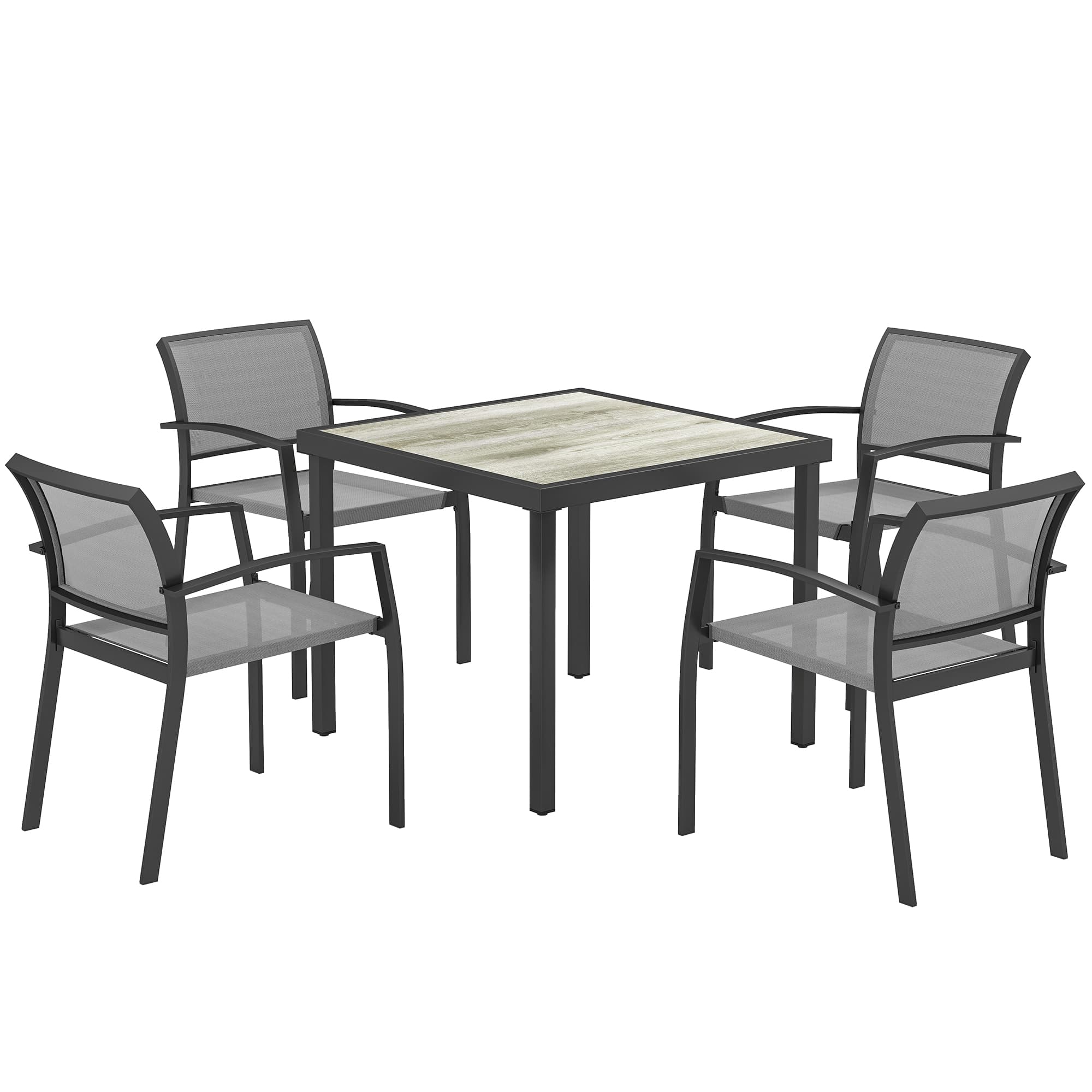 Outsunny 5 Piece Garden Furniture Set with 4 Stackable Armchairs, Easy Clean Top, Steel Frame, Texteline Seat, Grey