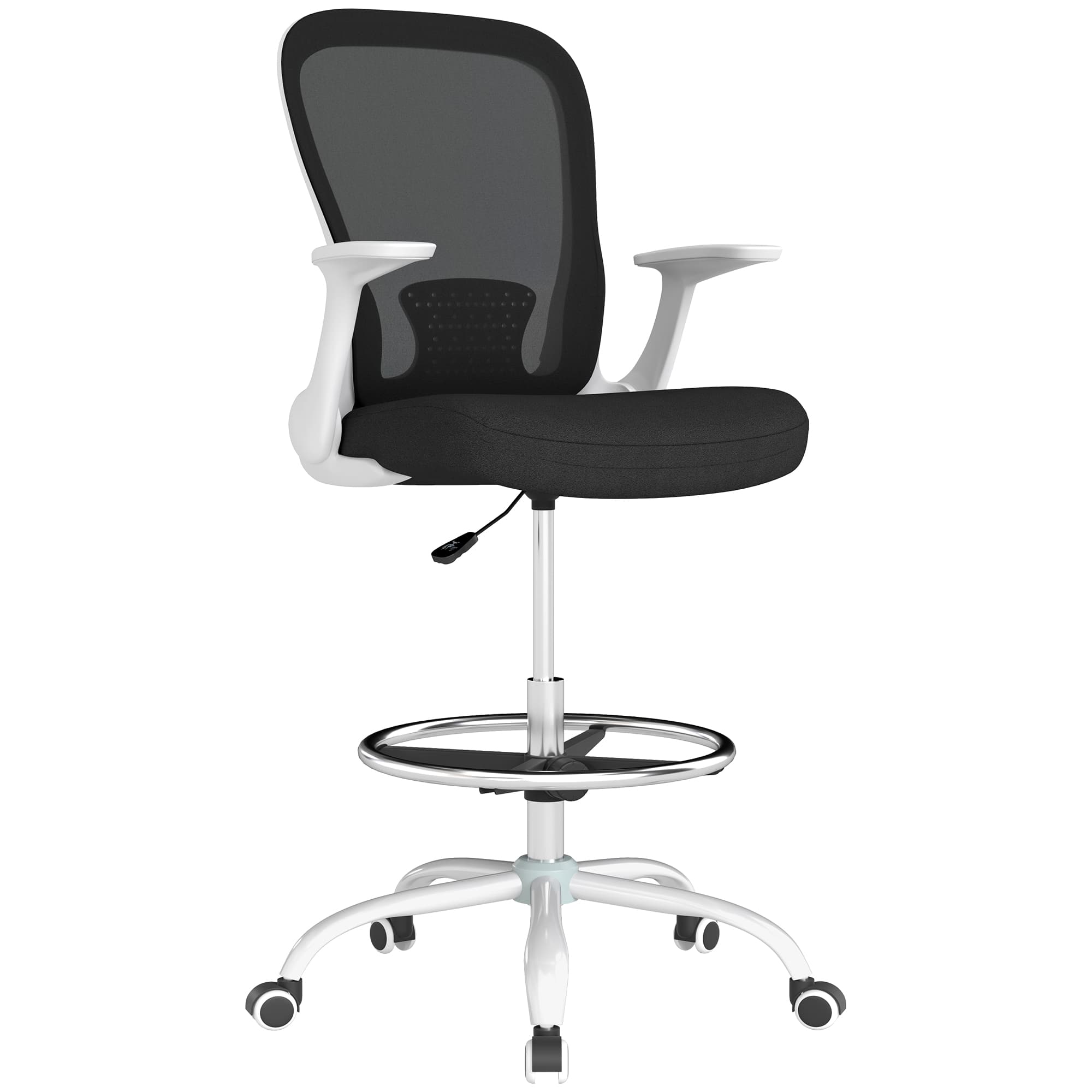 HOMCOM Draughtsman Chair, Mesh Office Chair, Ergonomic Desk Chair with Flip-up Armrest, Adjustable Foot Ring, Black & White | Aosom UK