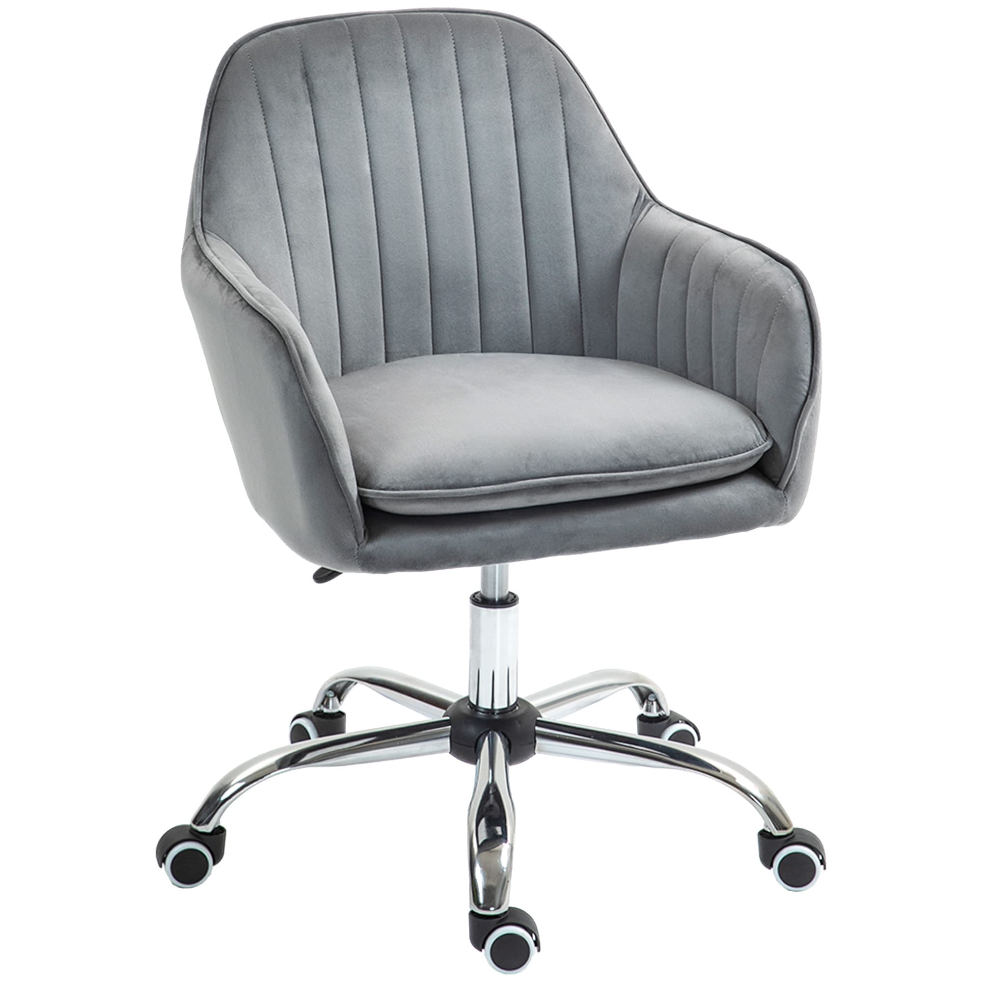 HOMCOM Office Chair, Swivel Desk Chair, Velvet-Feel Fabric Vanity Chair with Adjustable Height & Rolling Wheels for Home Work Study, Grey | Aosom UK