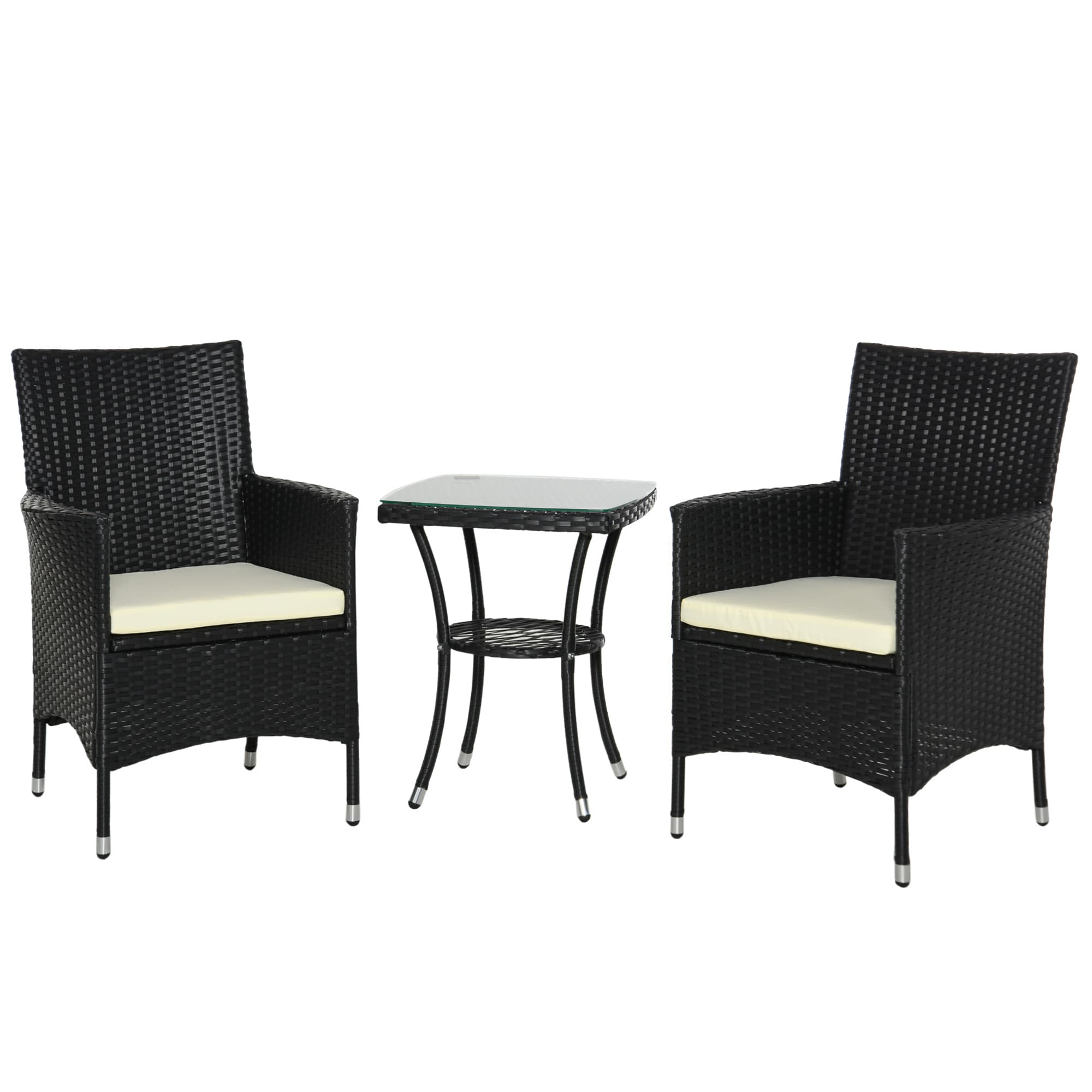 Outsunny 3 Pieces Rattan Bistro Set Outdoor Rattan Furniture with Wicker Chairs & Table, Cushions, Waterproof, Black | Aosom UK