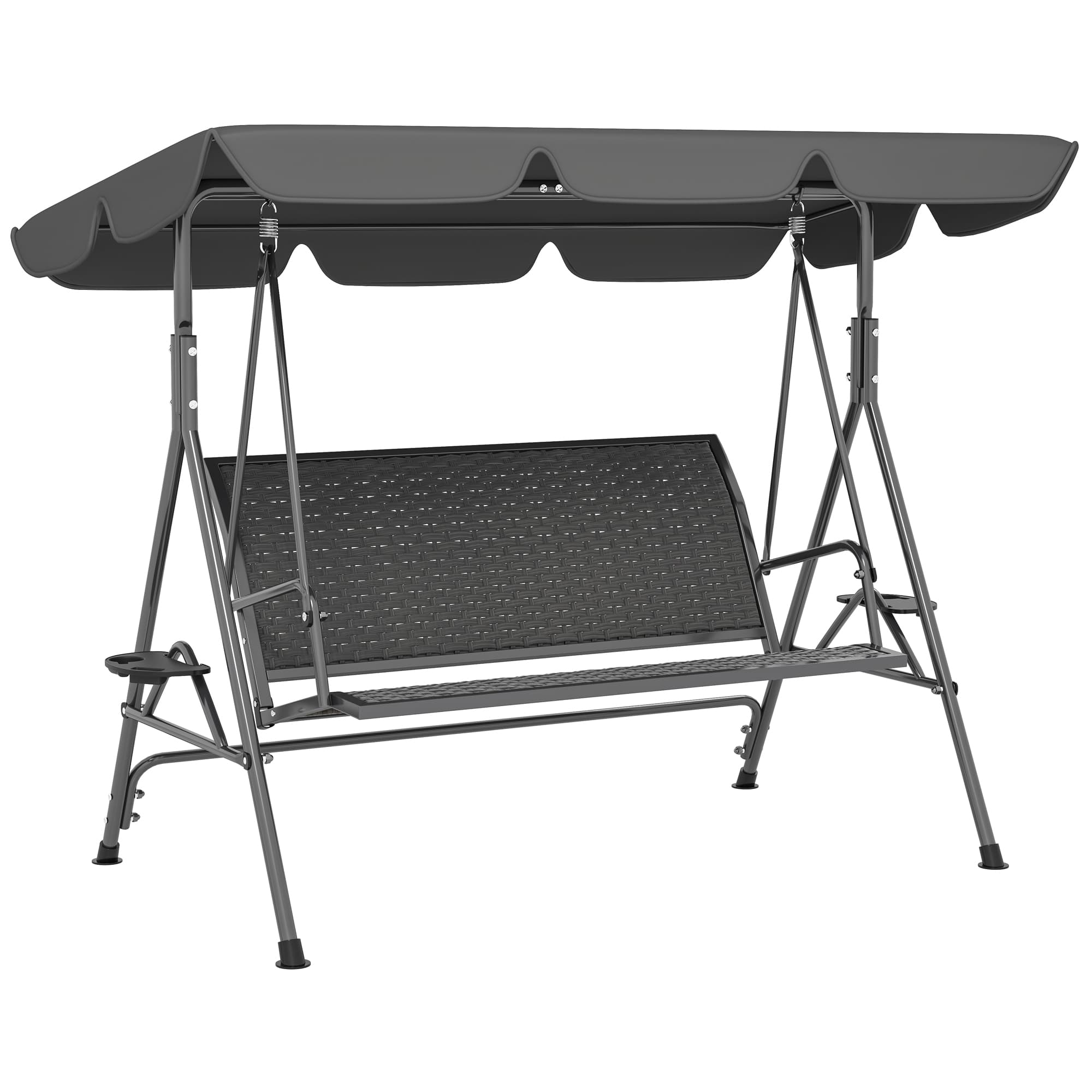 Outsunny 3 Seater Swing Chair, Garden Swing Seat Bench with Adjustable Canopy, Rattan Seat and Steel Frame for Patio, Yard, Grey