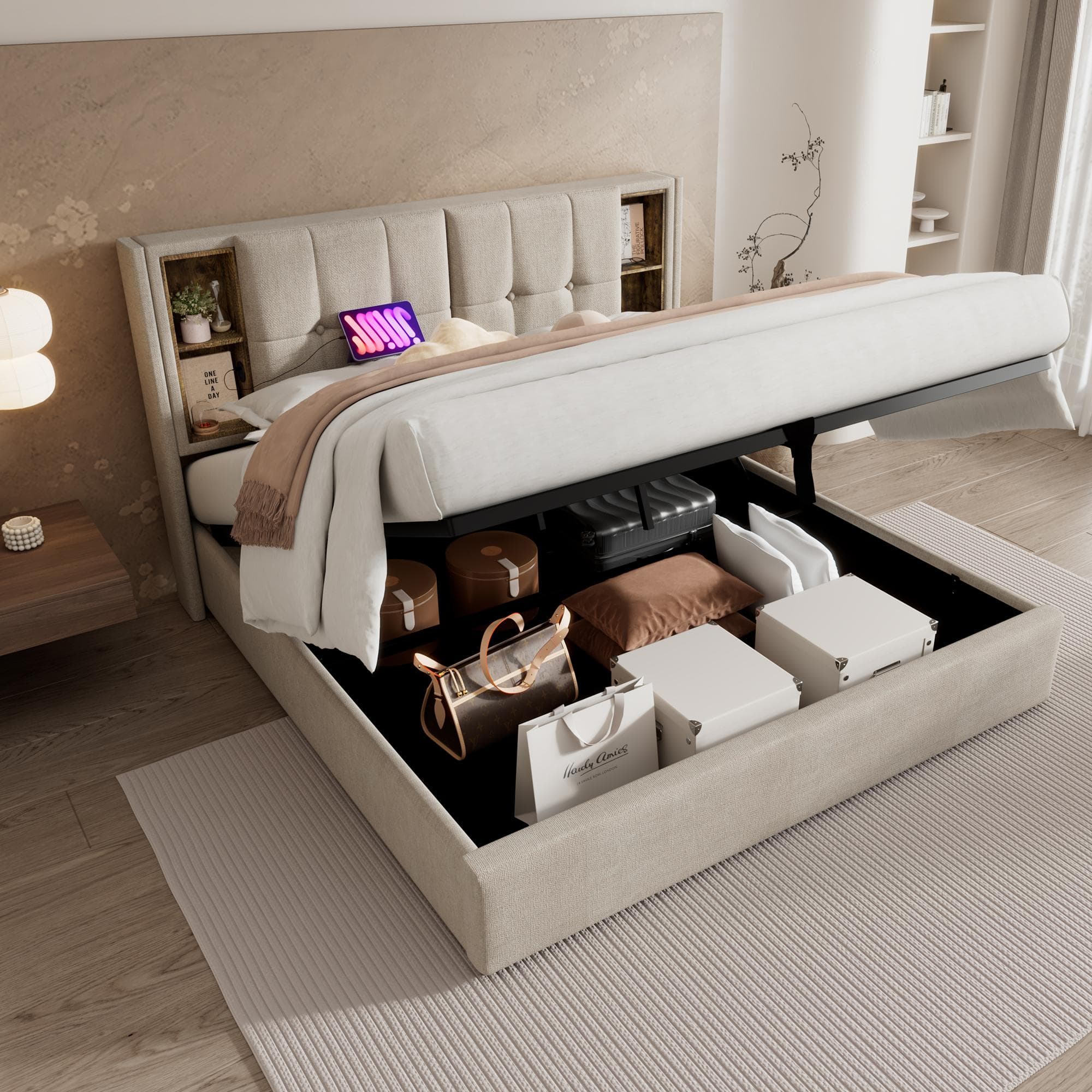 Upholstered Double Bed with Wireless Charging, Open Compartments, Double Bed Frame with Hydraulic Storage, 206L x 155W x 100.5H cm, Natural | Aosom UK