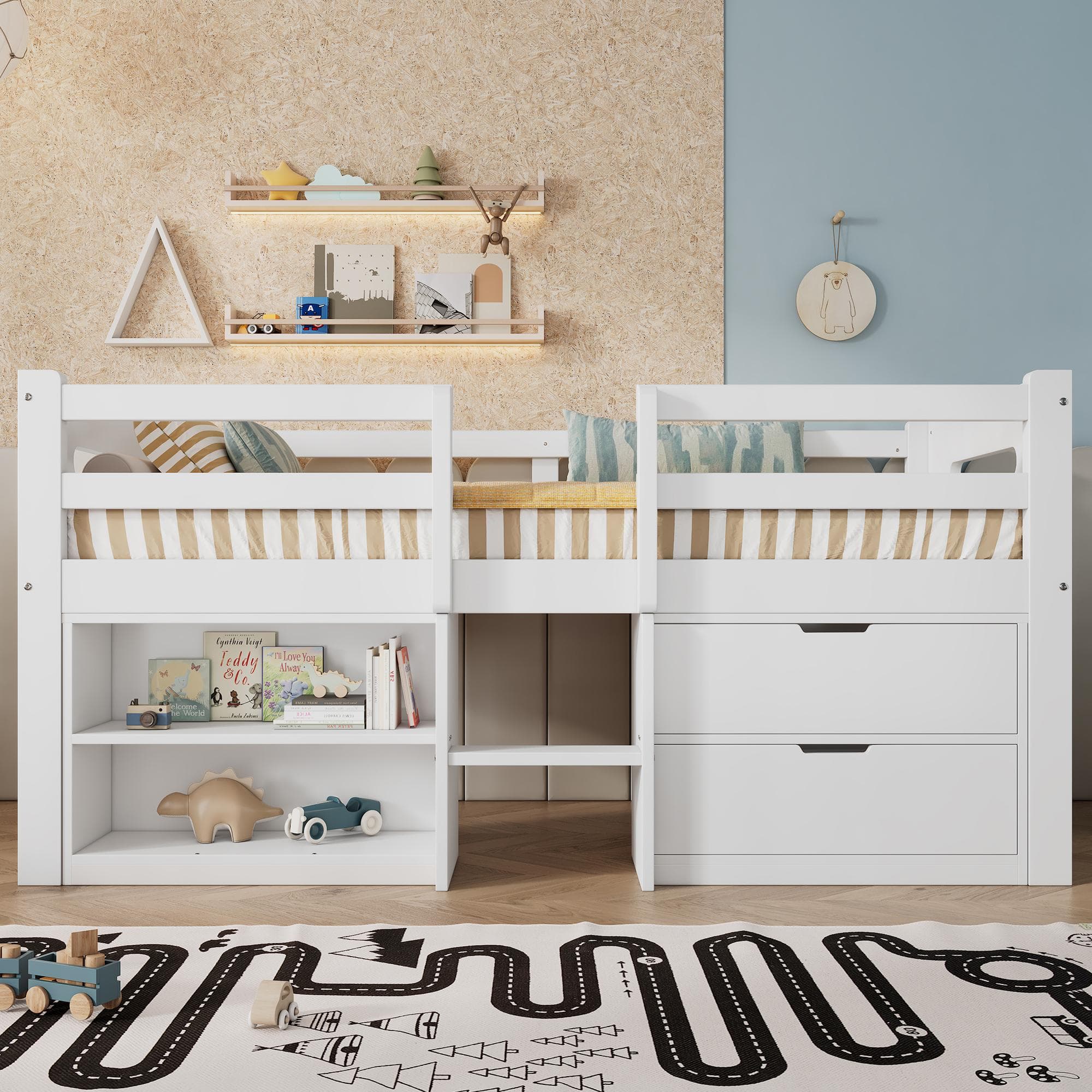3ft Storage Bed with Safety Guardrail, Wooden Bed with 2 Drawers and Compartments, Pine and Particle Board, White | Aosom UK