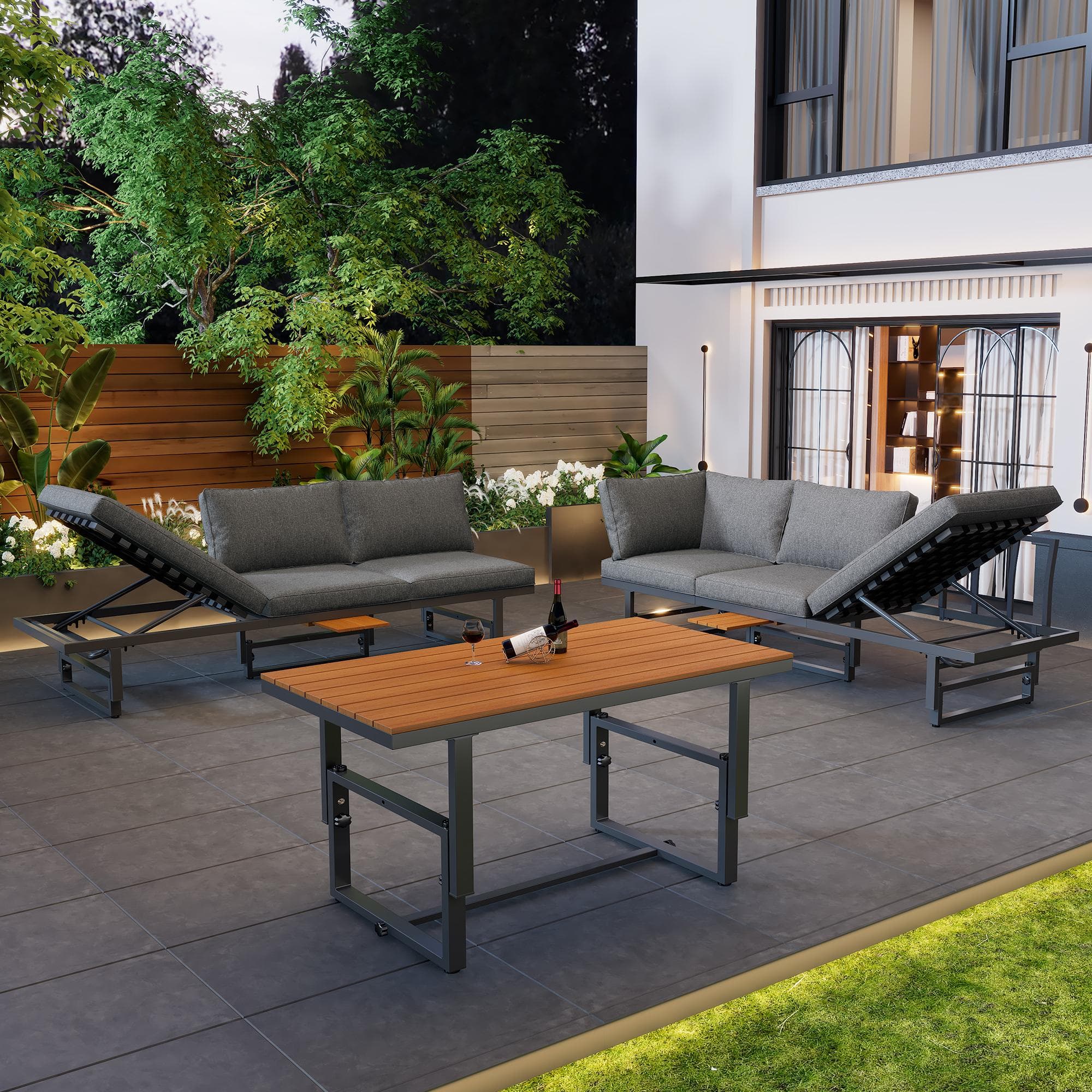 6 Seater Metal Garden Furniture Corner Sofa Set with 2 Sofas, Adjustable Wood Table, Iron Frame, Corner Couch with Cushions and Pillows, Grey | Aosom UK