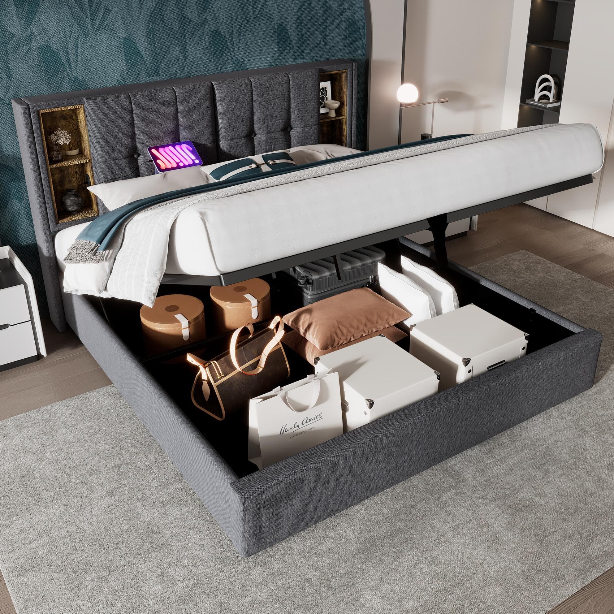 Upholstered Double Bed with Wireless Charging, Hydraulic Storage, Linen Fabric Bed Frame with Compartments, 206L x 155W x 100.5H cm, Grey | Aosom.UK