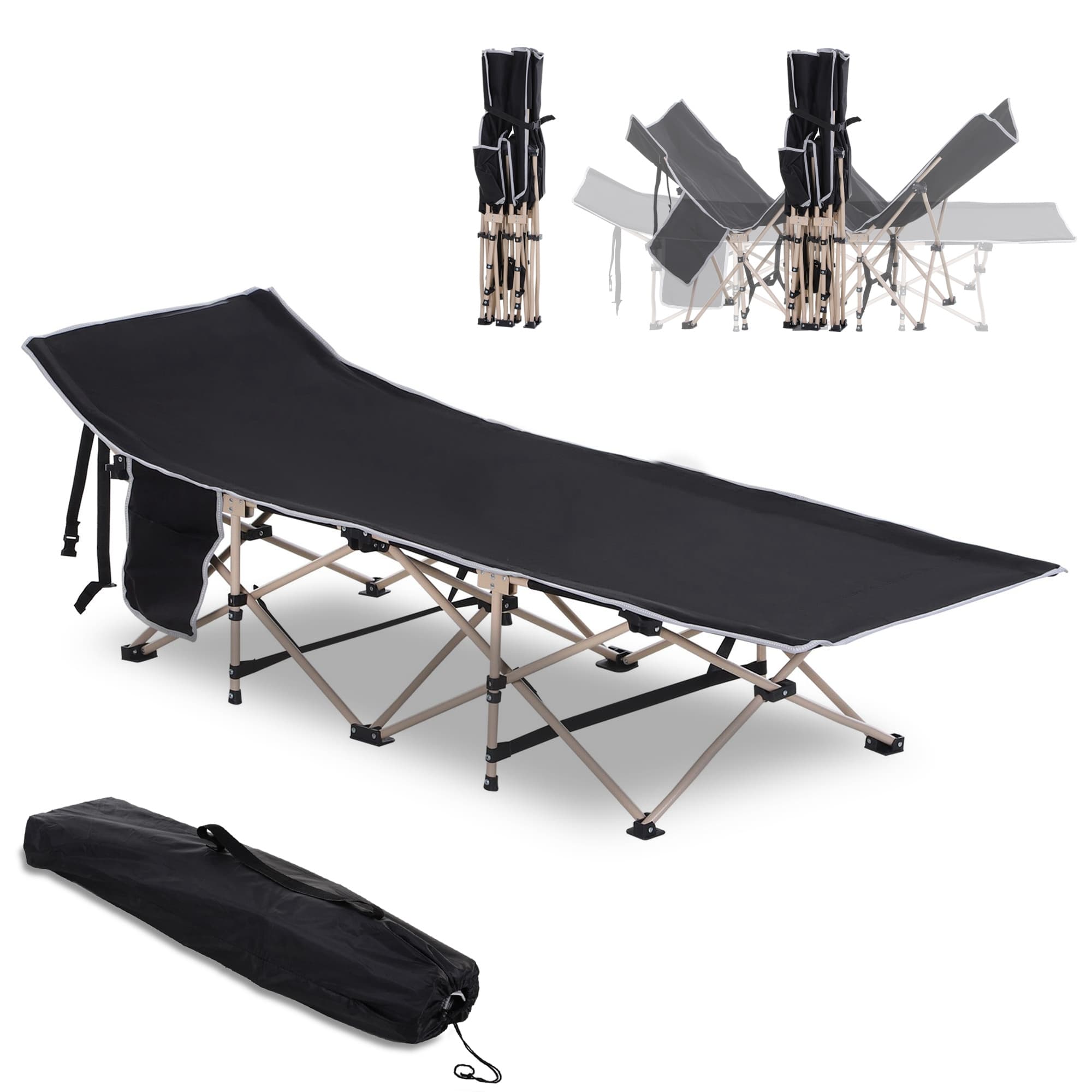 Outsunny Portable Folding Camping Cot, Single Person Military Sleeping Bed for Outdoor, Travel, Fishing with Side Pocket, Black | Aosom UK