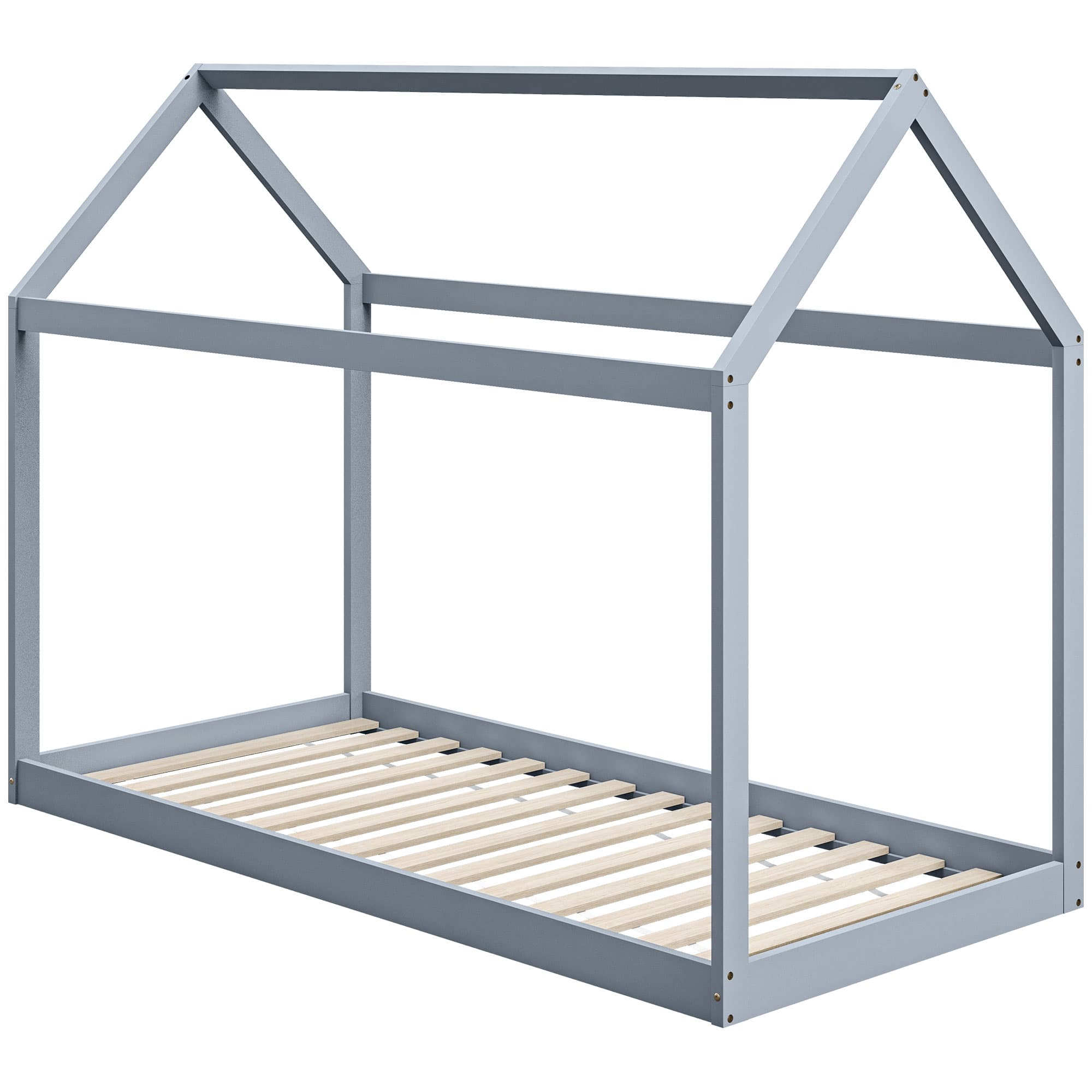 HOMCOM Single Bed Base with House Scandinavian Style, Wooden Bed Frame for 90W x 190Dcm Mattress, Grey | Aosom UK