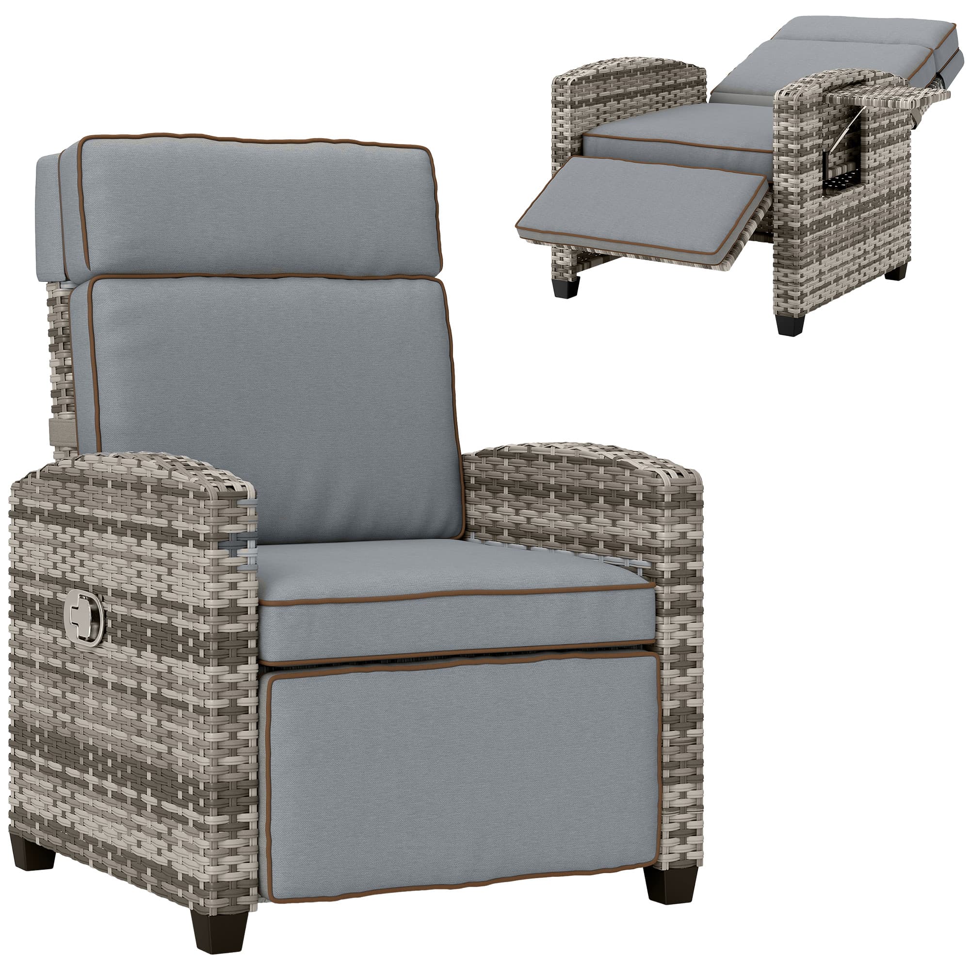 Outsunny Rattan Garden Recliner Chair, Adjustable Backrest Reclining Rattan Chair with Flip Table, Cushion and Footrest, Indoor Outdoor Lounge Reclining Sun Lounger for Patio, Mixed Grey | Aosom UK
