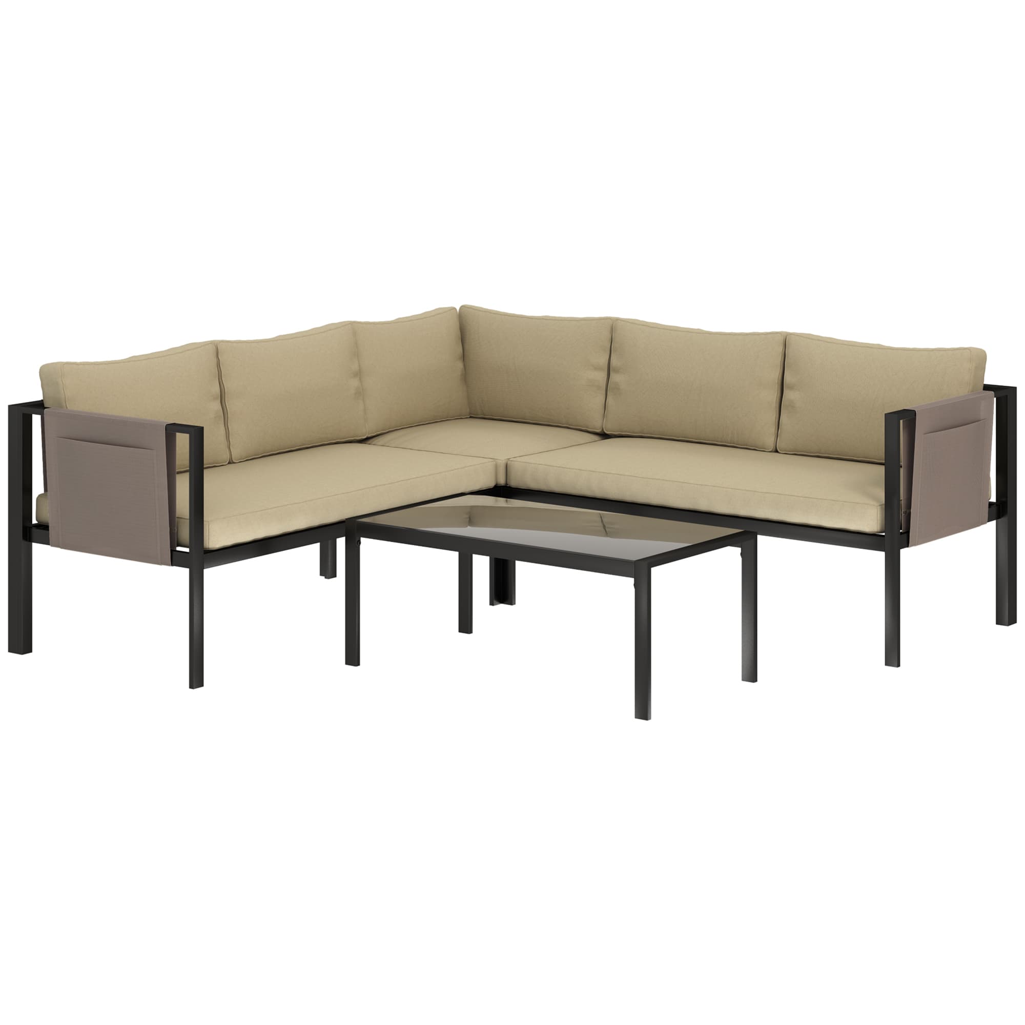Outsunny 4 Piece Metal Garden Furniture Set with Tempered Glass Coffee Table, Breathable Mesh Pocket, Outdoor Conversational Corner Sofa Loveseat with Padded Cushions, Khaki