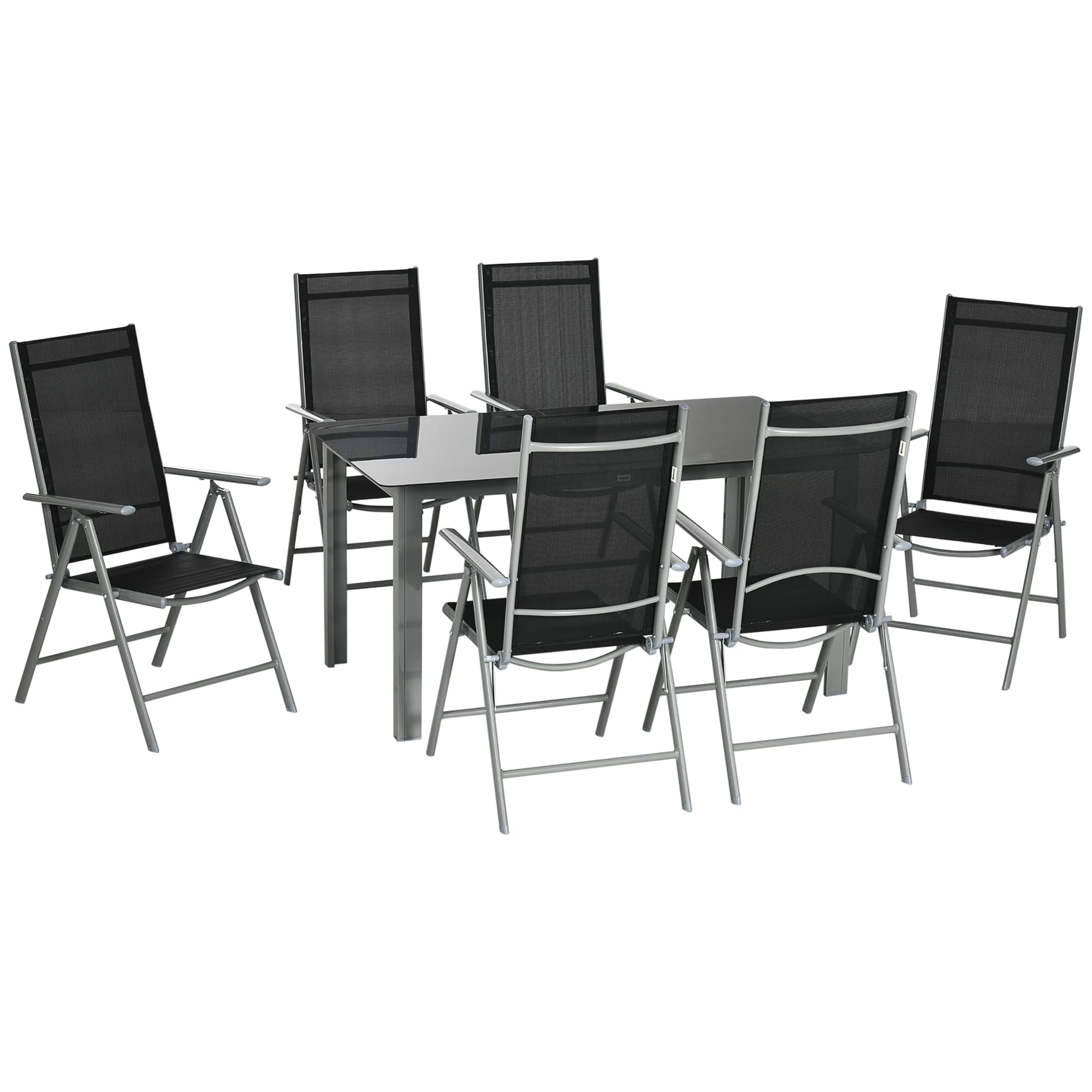 Outsunny 7 Piece Garden Dining Set, Outdoor Table & 6 Reclining Chairs with Breathable Mesh Seats, Tempered Glass Top Patio Furniture Set | Aosom UK