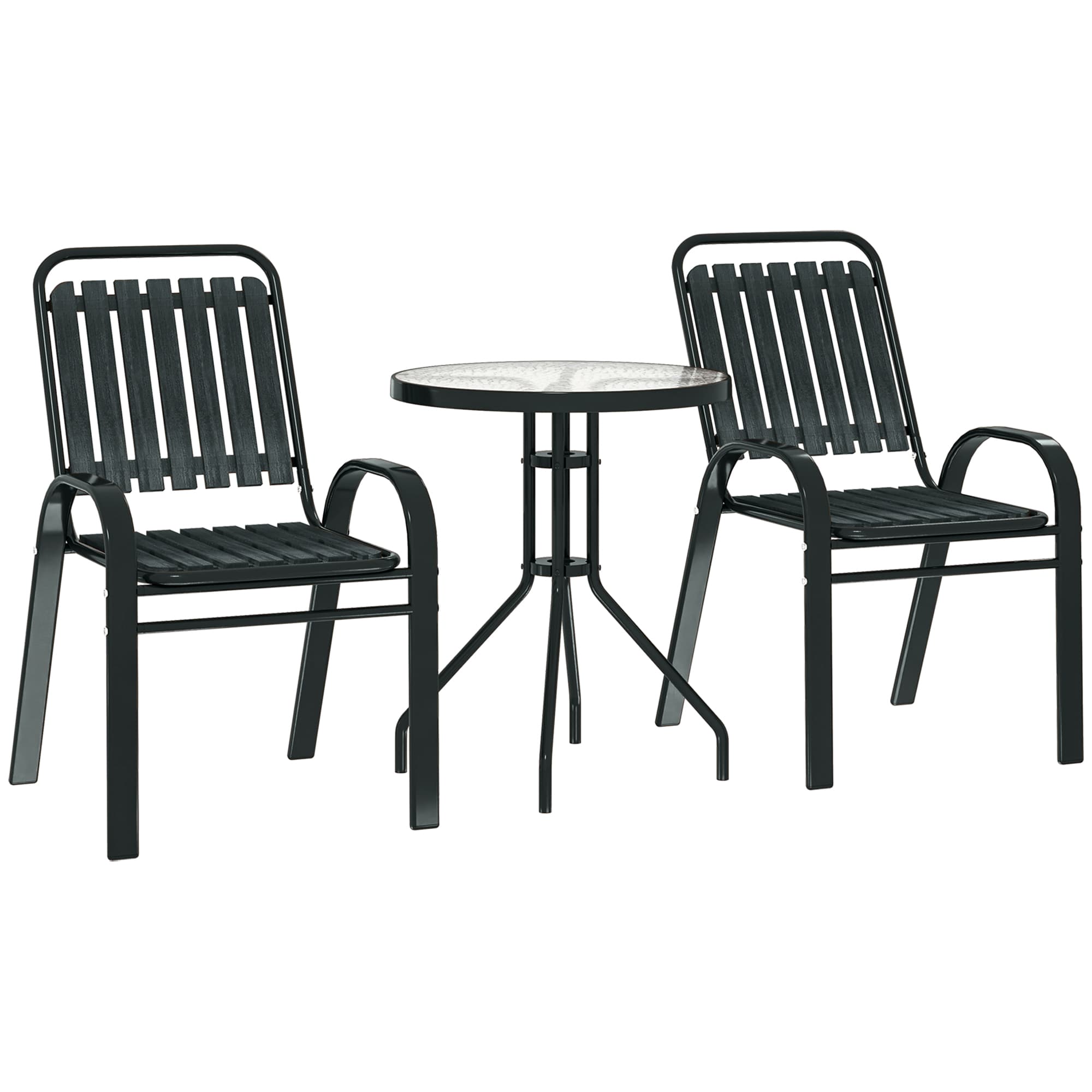 Outsunny 3 Piece Bistro Set, Outdoor Patio Table & Stackable Chairs with Tempered Glass Top, Space Saving Garden Furniture, Charcoal Grey | Aosom UK