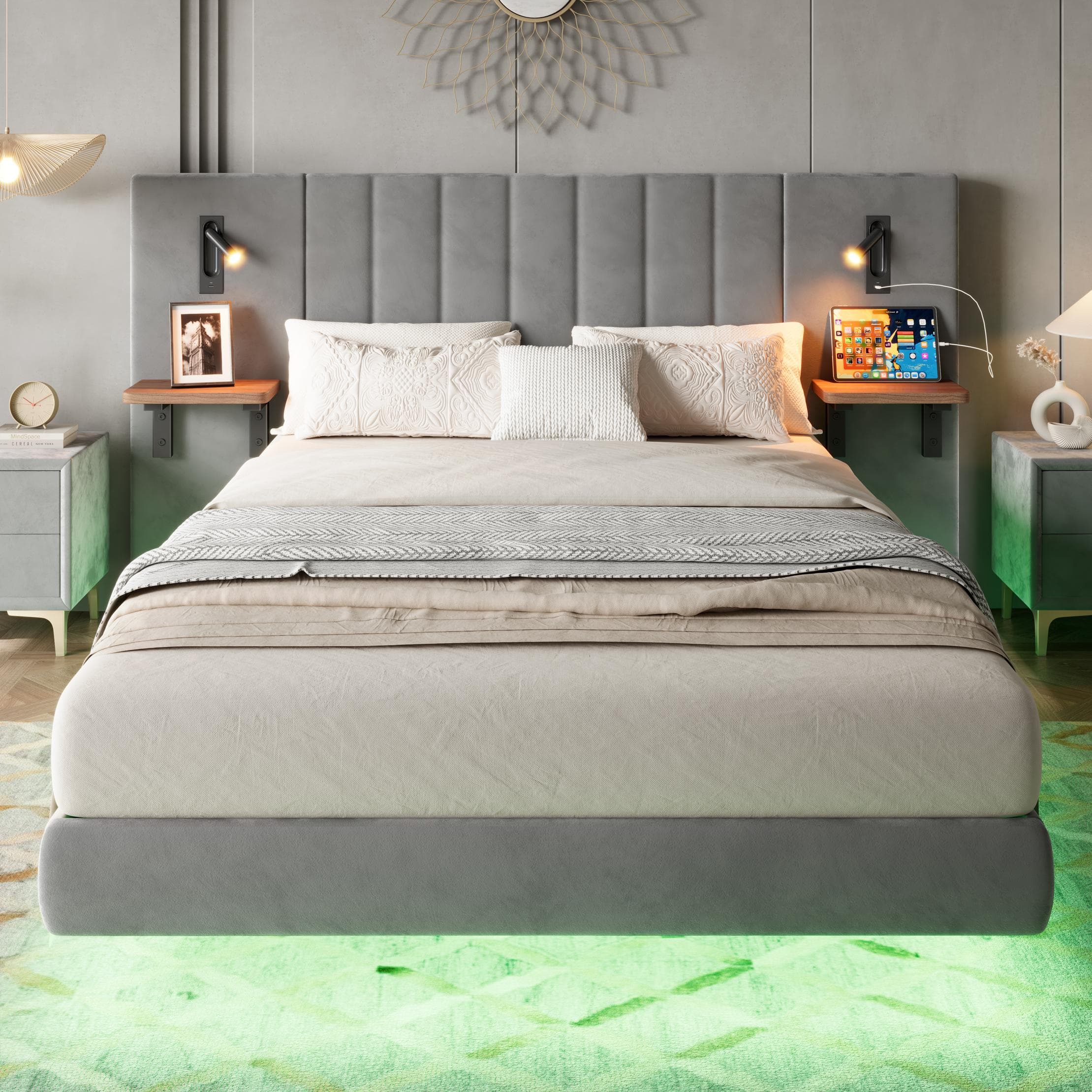 Upholstered Double Bed with Headboard Storage, LED Light, Iron Frame, Velvet Bed Base with Reading Light, 199L x 206.5W x 103H cm, Grey | Aosom.UK