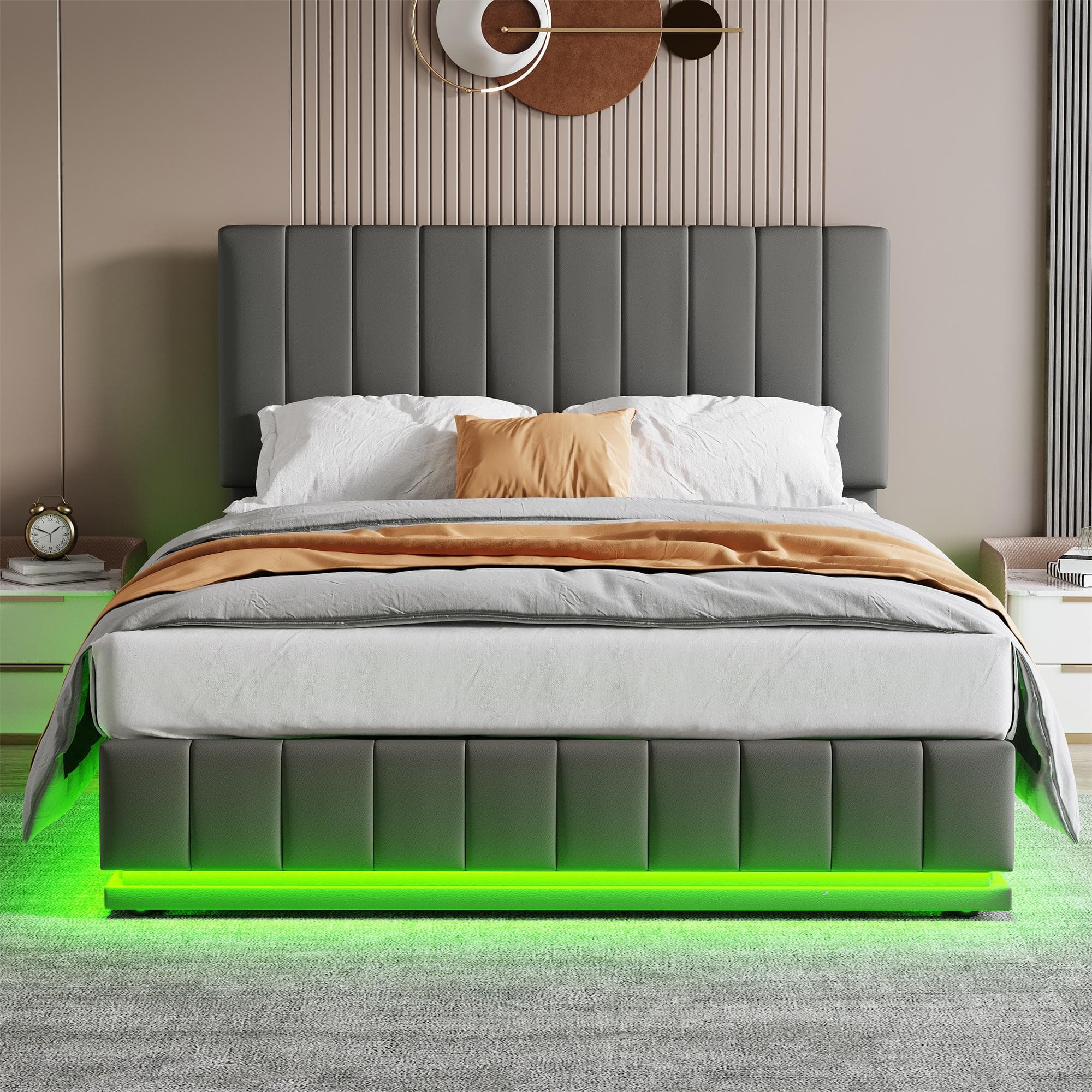 Double Bed with Hydraulic Storage, LED Lighting, PU Leather, Ottoman Bed Base with Adjustable Headboard, 193L x 142W x 101-111H cm, Grey | Aosom.UK