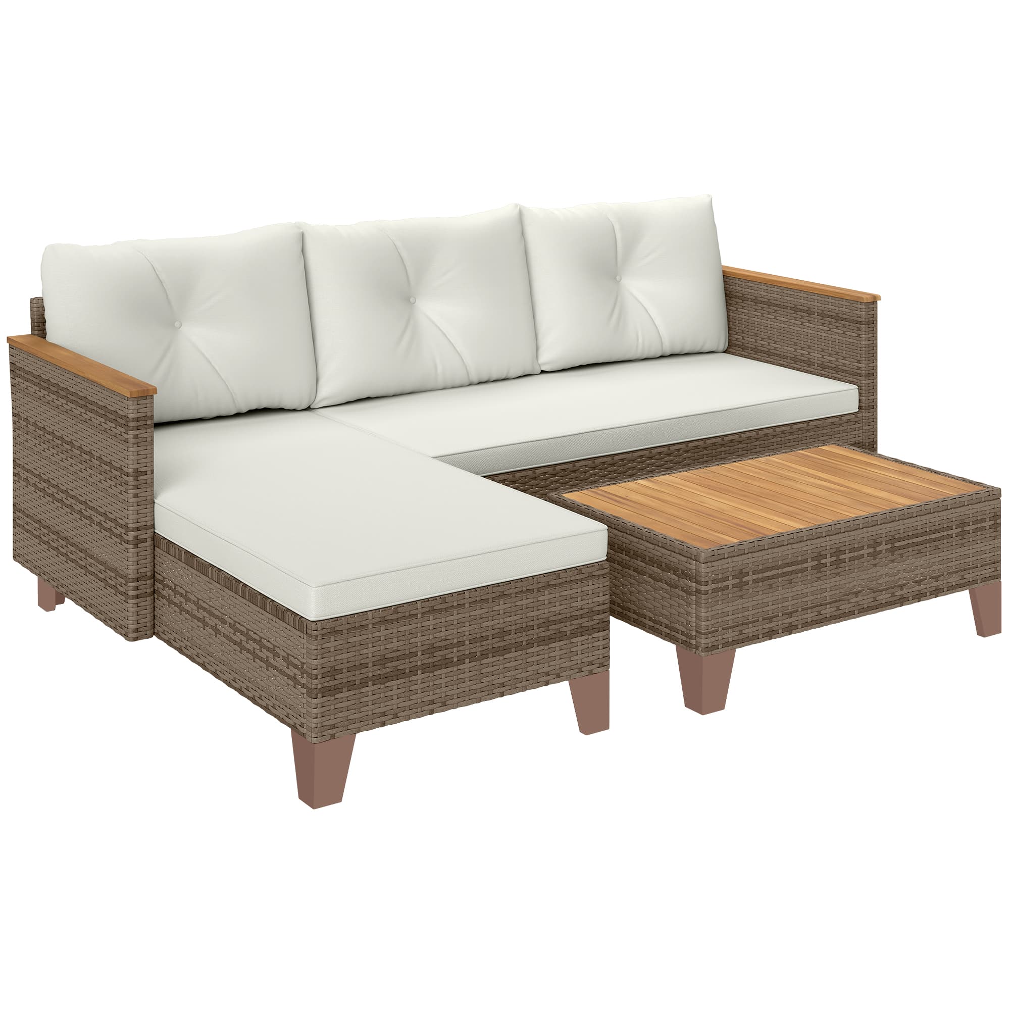 Outsunny 3 Pieces Rattan Garden Furniture Set, L Shaped Garden Conversation Chaise Lounge Furniture with Wood Top Coffee Table and Thick Cushions, Cream