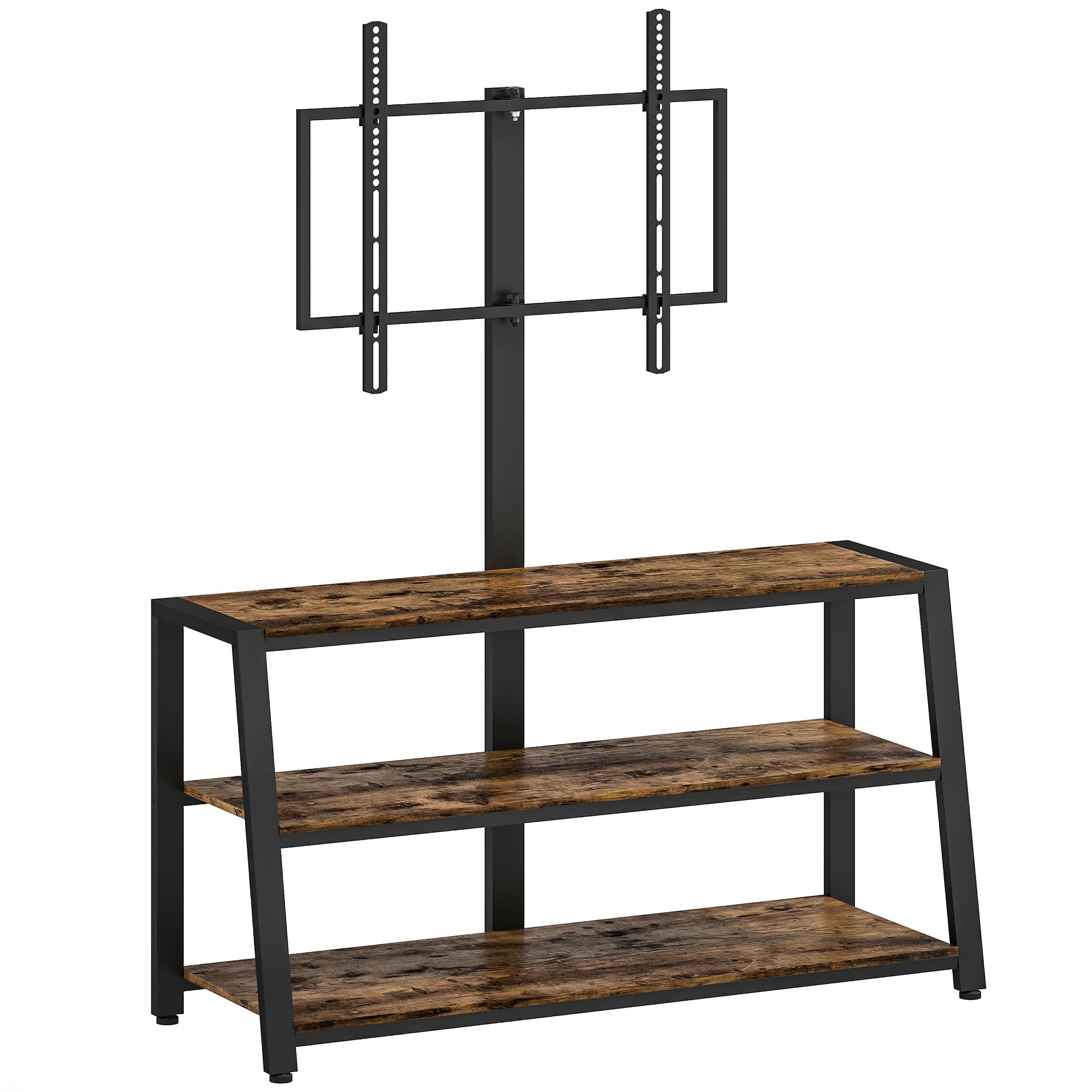 HOMCOM TV Stand Cabinet with Swivel Bracket for 32 - 65 Inch TVs, Industrial TV Cabinet with Open Shelves, Cable Management, Trapezoid-Shaped Steel Frame for Living Room, Bedroom, Rustic Brown