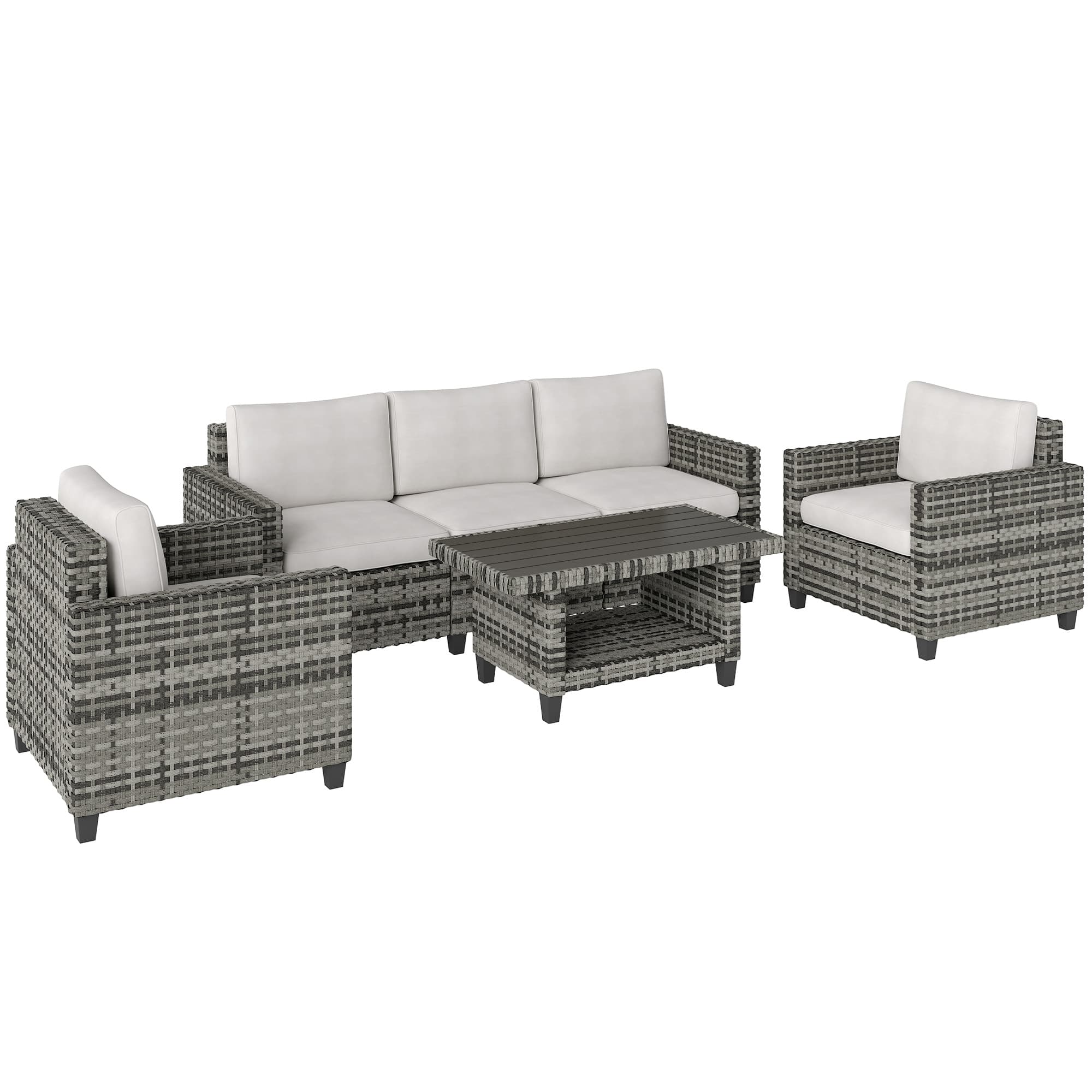 Outsunny 6 Pieces Rattan Garden Furniture Set, 5 Seater Wicker Outdoor Furniture Set with 2 Armchairs, Steel Frame Coffee Table and Cushions for Balcony, Porch, Light Grey