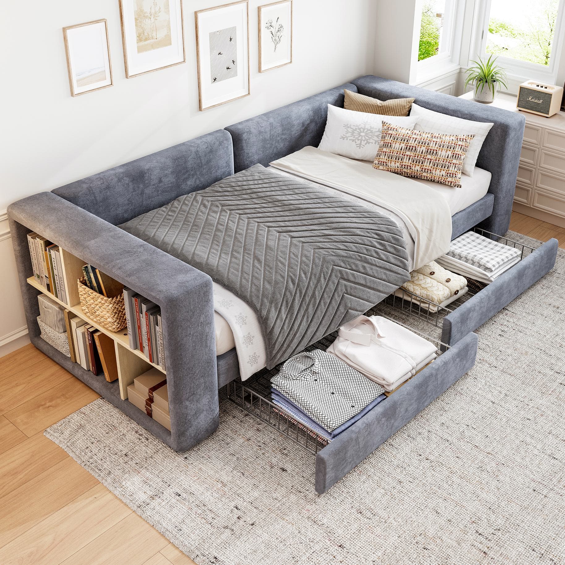 3FT Upholstered Single Bed with 2 Drawers, Side Compartments, Easy Assembly, Daybed Sofa Bed with Storage, 223.5L x 101W x 74.5H cm, Grey | Aosom.UK