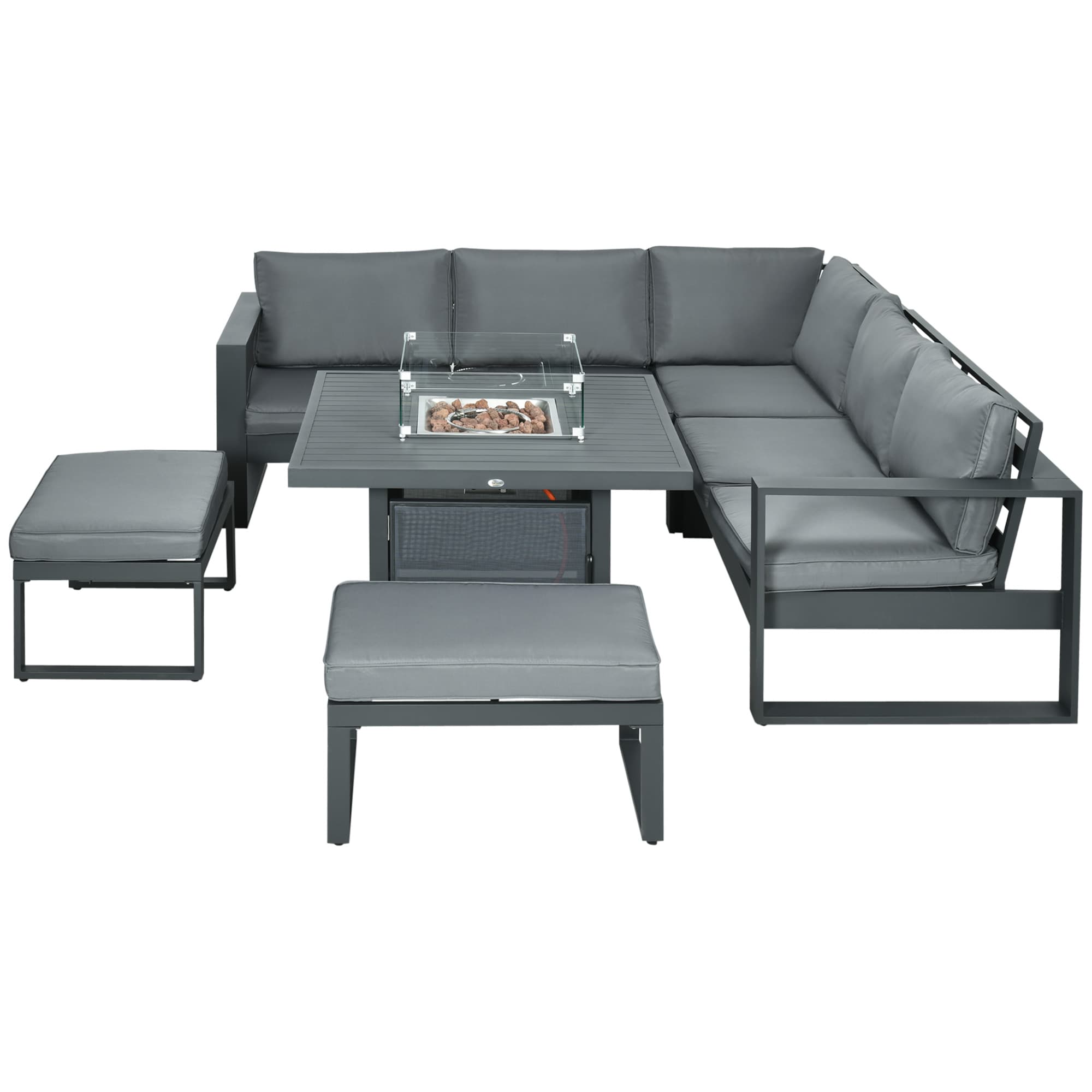 Outsunny 6-Piece Aluminium Garden Furniture Set, Outdoor Corner Sofa, Loveseat, Footstool, Sectional with Gas Fire Pit Table, Grey | Aosom UK