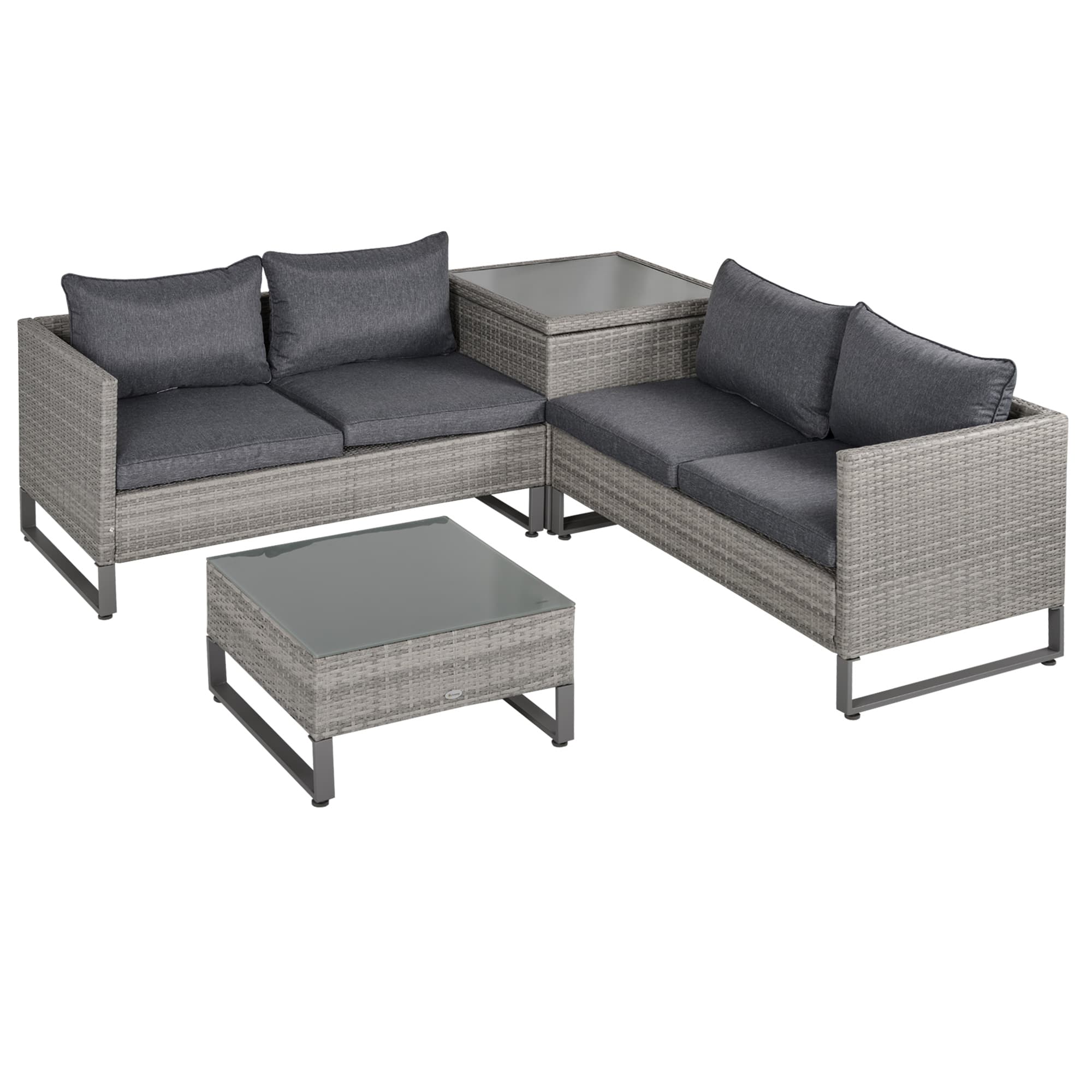 Outsunny 4-Seater PE Rattan Sofa Set Wicker Garden Furniture Outdoor Conservatory Furniture Coffee Table w/ Side Storage Box & Cushion, Grey | AOSOM UK