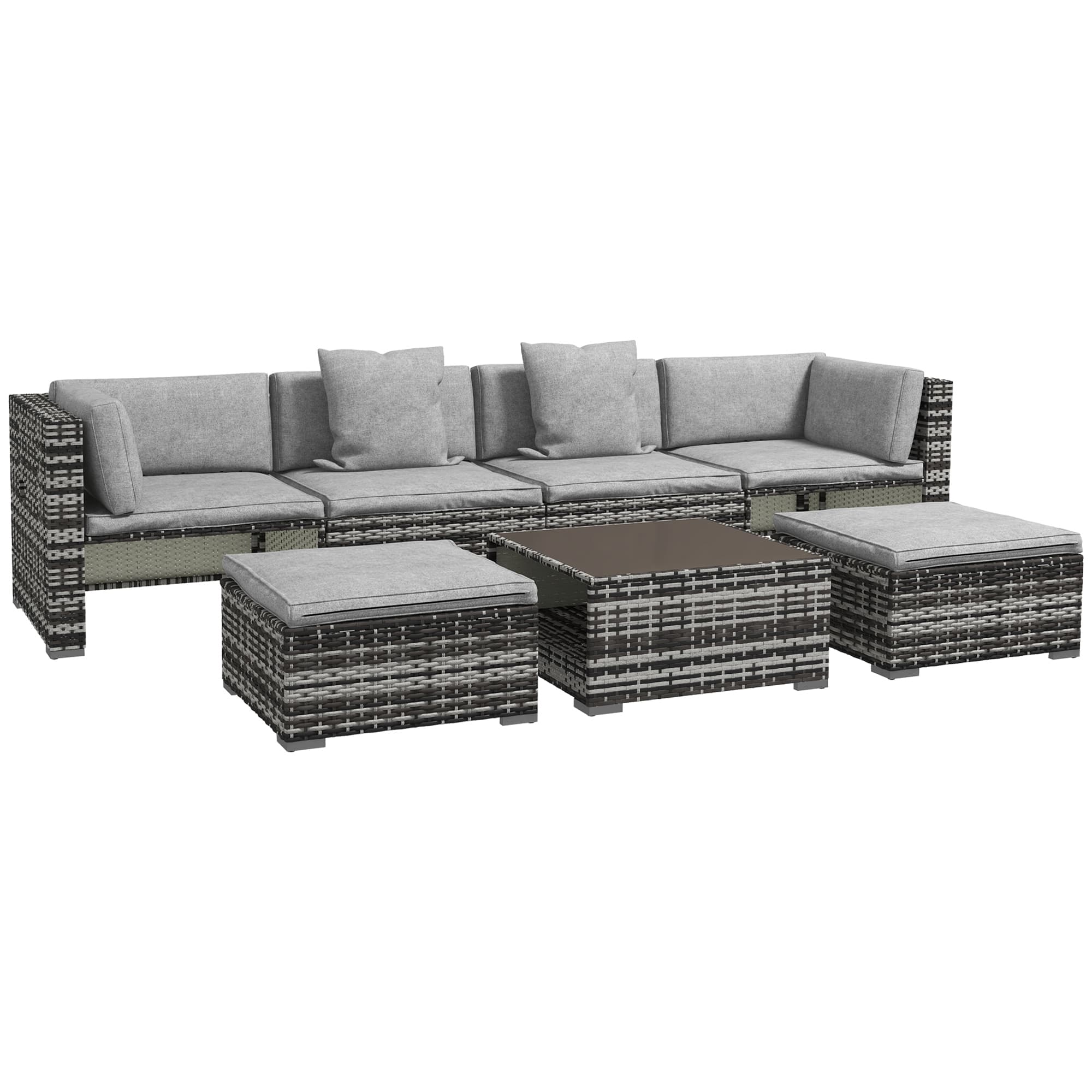 Outsunny 7-Piece Rattan Patio Furniture Set with Sofa, Footstools, Coffee Table, Side Shelves, Cushions, Pillows, Mixed Grey