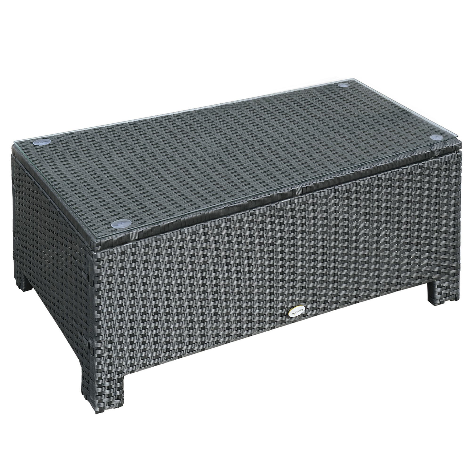 Outsunny Rattan Garden Furniture Coffee Table Patio Iron Frame Tempered Glass (Black)