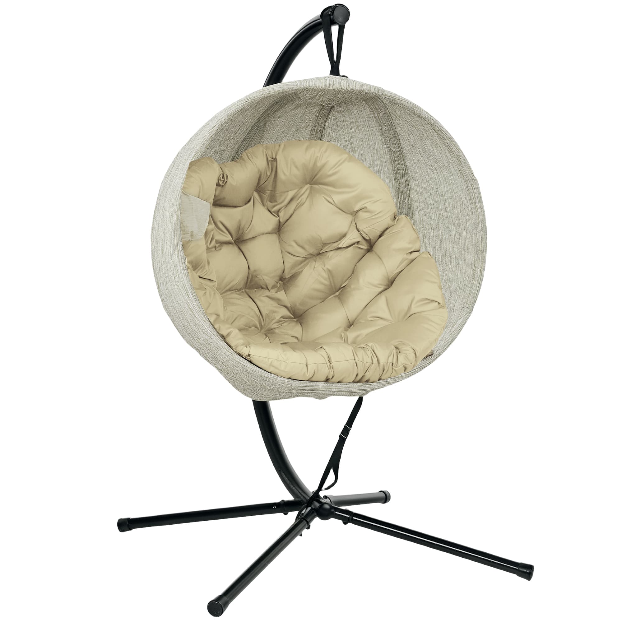 Outsunny Hanging Egg Chair with Folding Basket, Garden Hanging Chair with Stand, Thickened Cushion, Cup Holder for Patio, Balcony, Khaki
