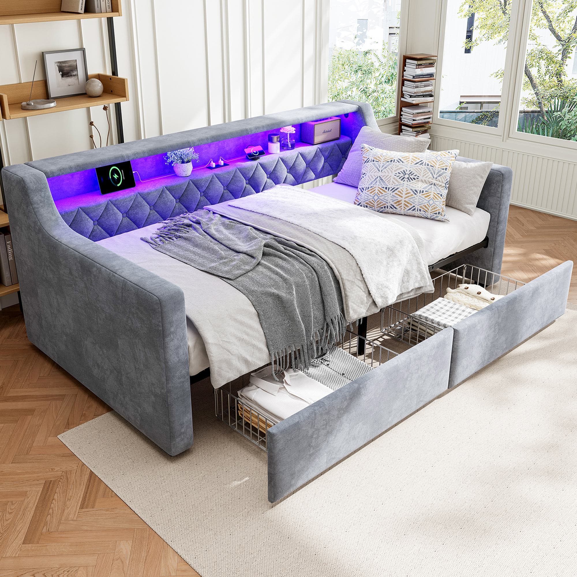 3FT Sofa Bed with 2 Drawers on Wheels, Light Strip, Charging Port, Upholstered Single Bed with Velvet Finish, 206L x 104W x 74H cm, Grey | Aosom.UK
