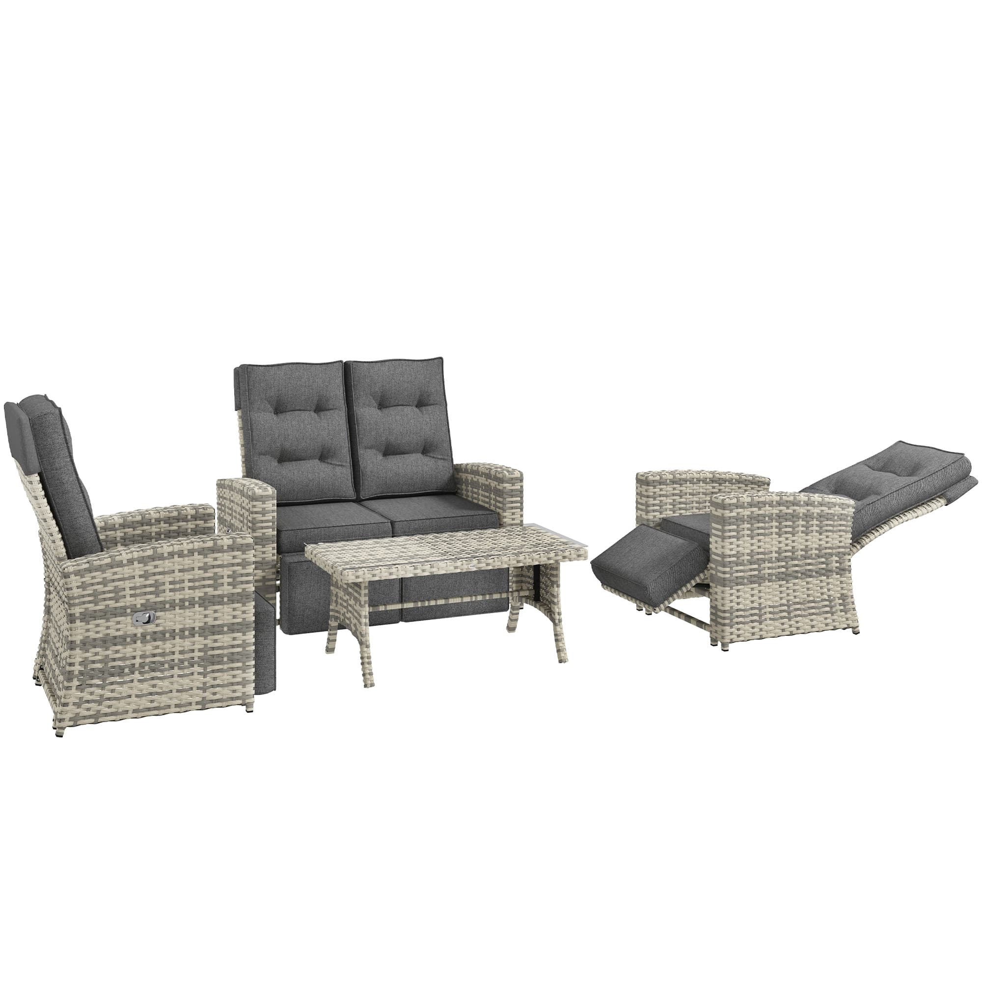 Outsunny 4 Piece Rattan Garden Furniture Set Outdoor Sofa Sectional Set with Glass Top Table for Yard, Poolside, Light Grey | Aosom UK
