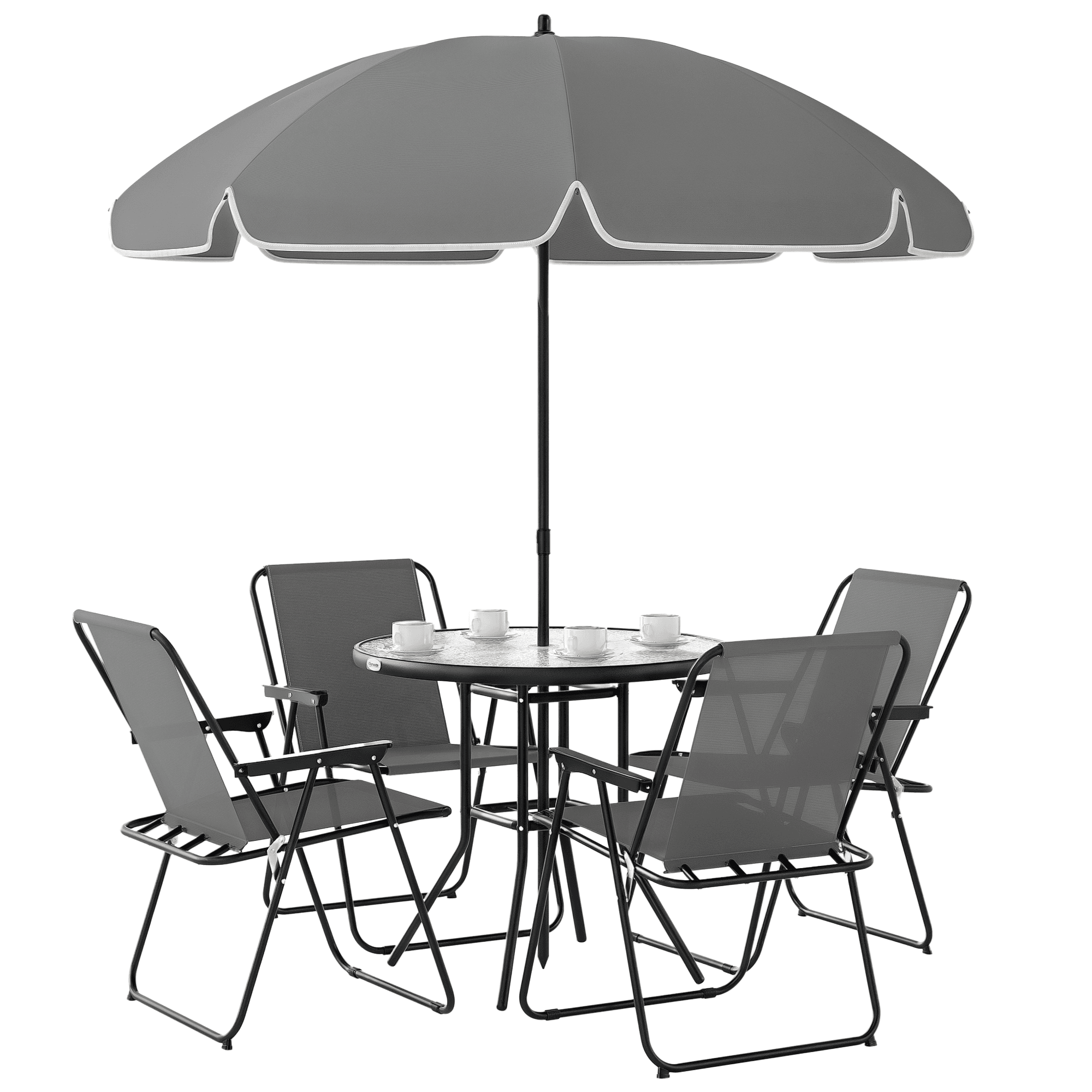 Outsunny 4 Seater Garden Furniture Set, 6 Pieces Garden Table and Chairs with Parasol, Folding Chairs and Round Glass Top Table for Patio, Grey
