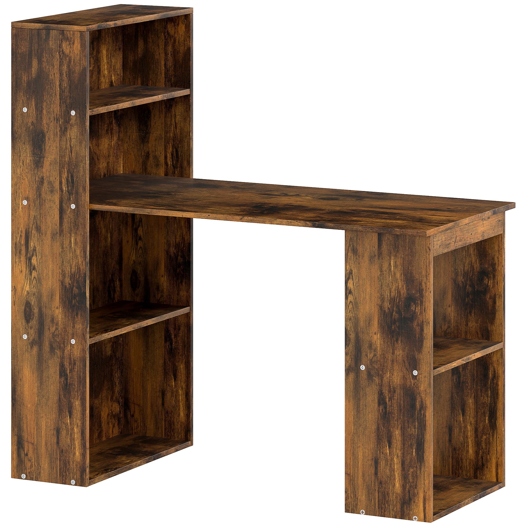 HOMCOM 120cm Computer Desk, Wooden PC Laptop Table with 6-Tier Storage Bookshelves, Home Office Working Study Desk, Writing Workstation, Rustic Brown Wood-Effect